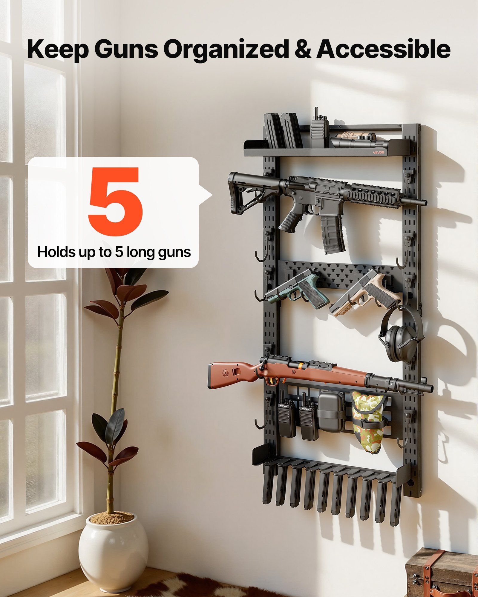 Gun Rack Wall Mount, Heavy Duty Steel, Indoor Rifle Shotgun Rack with Magazine Holder, MOLLE Panel, Gun Accessories Display Storage Holder, Hold Up to 5 Rifles or Shotguns, for Tactical Gear - Image 2