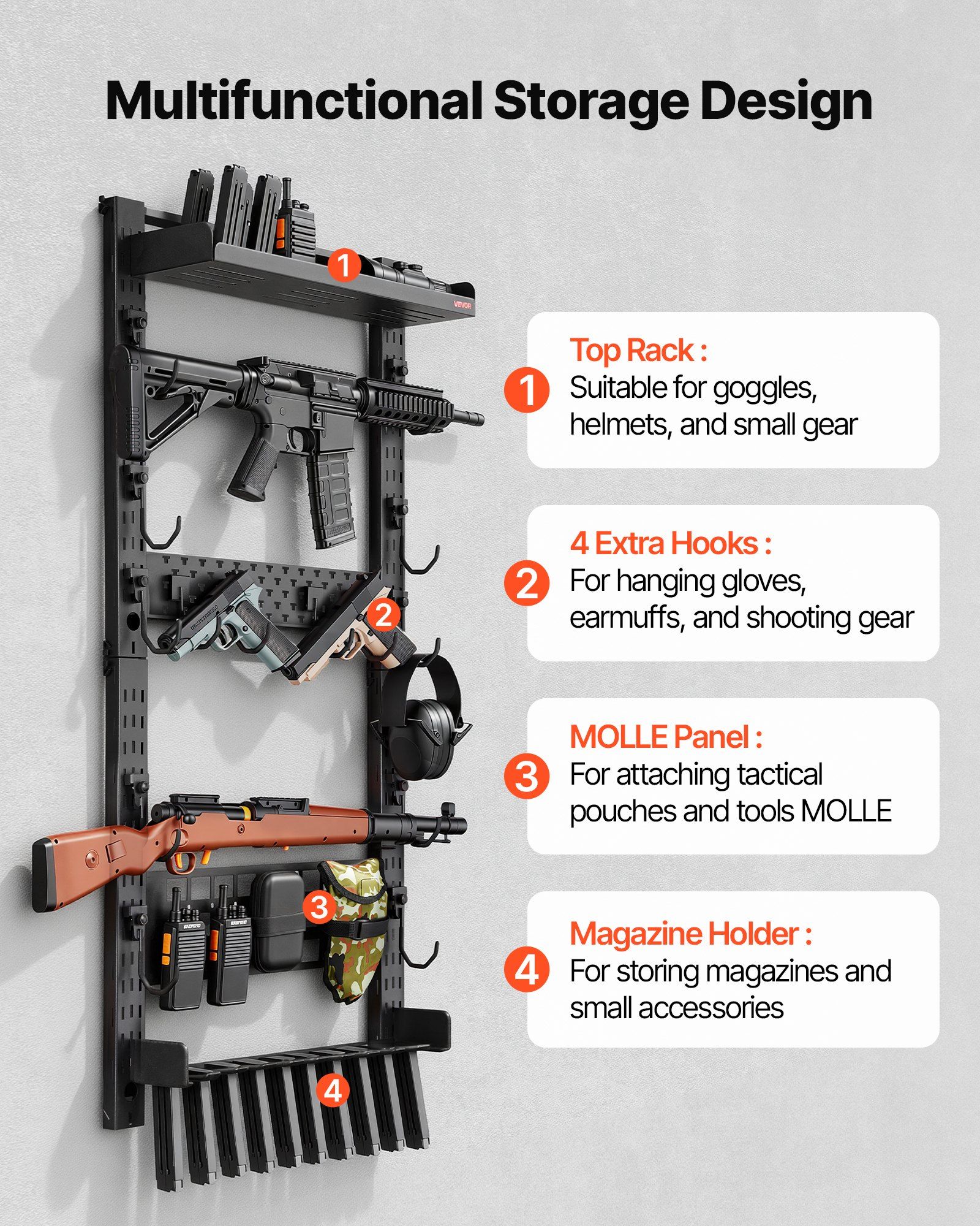 Gun Rack Wall Mount, Heavy Duty Steel, Indoor Rifle Shotgun Rack with Magazine Holder, MOLLE Panel, Gun Accessories Display Storage Holder, Hold Up to 5 Rifles or Shotguns, for Tactical Gear - Image 3