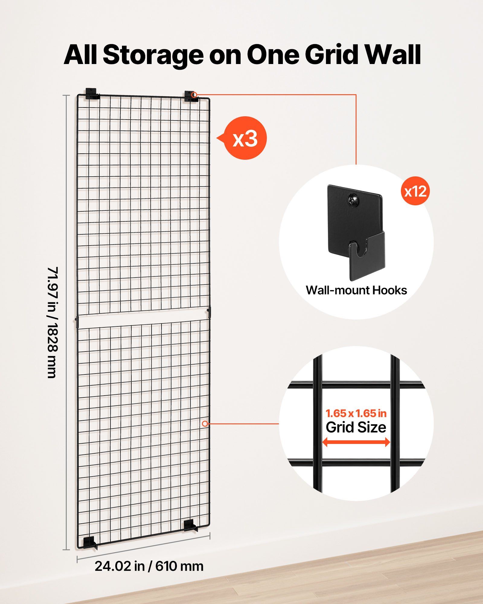 3 Packs Grid Wall Panels, 610 x 1828 mm Wire Grid Panels Display Rack, Wall-Mounted Art Display Shelf, Black Carbon Steel Wall Hanging Gridwall for Craft Show, Decoration, Storage, Notice Board - Image 2
