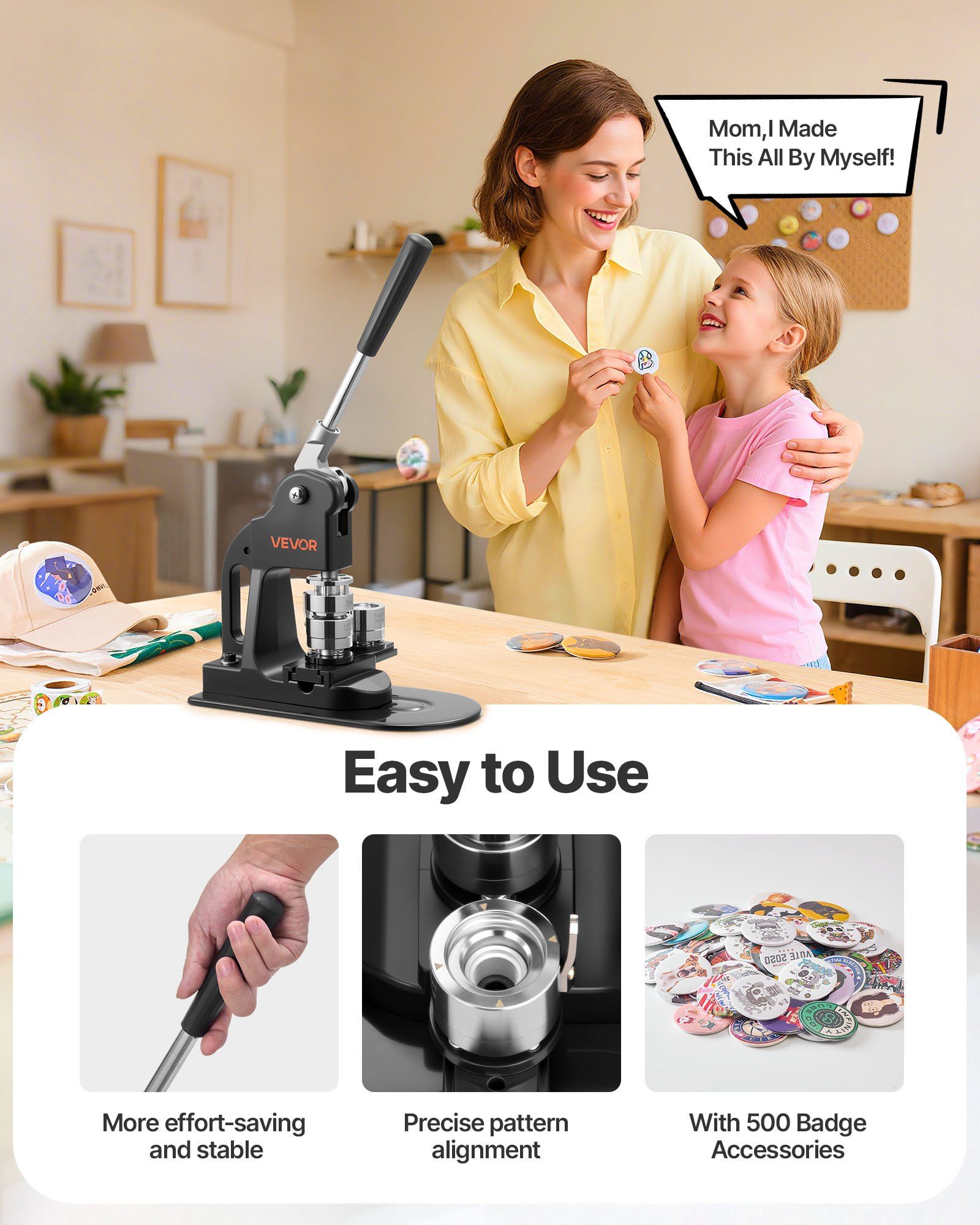 Button Maker Machine, 25 mm, Pin Maker Machine with 500pcs Button Parts, Circle Cutter, Hex Wrenches and Magic Book, Ergonomic Handle, for DIY Badges, Personalized Pins and Key Chains, Black - Image 4