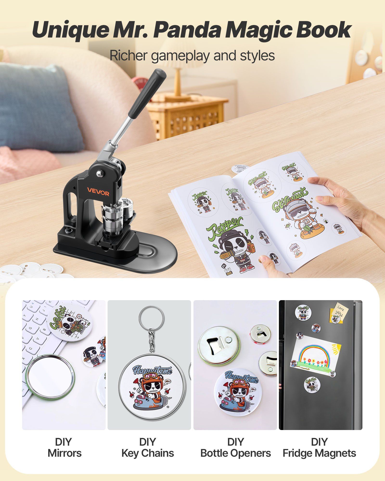 Button Maker Machine, 25 mm, Pin Maker Machine with 500pcs Button Parts, Circle Cutter, Hex Wrenches and Magic Book, Ergonomic Handle, for DIY Badges, Personalized Pins and Key Chains, Black - Image 5