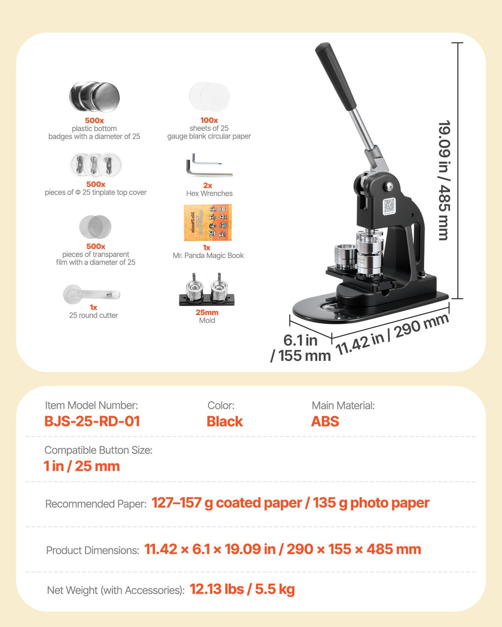 Button Maker Machine, 25 mm, Pin Maker Machine with 500pcs Button Parts, Circle Cutter, Hex Wrenches and Magic Book, Ergonomic Handle, for DIY Badges, Personalized Pins and Key Chains, Black - Image 7