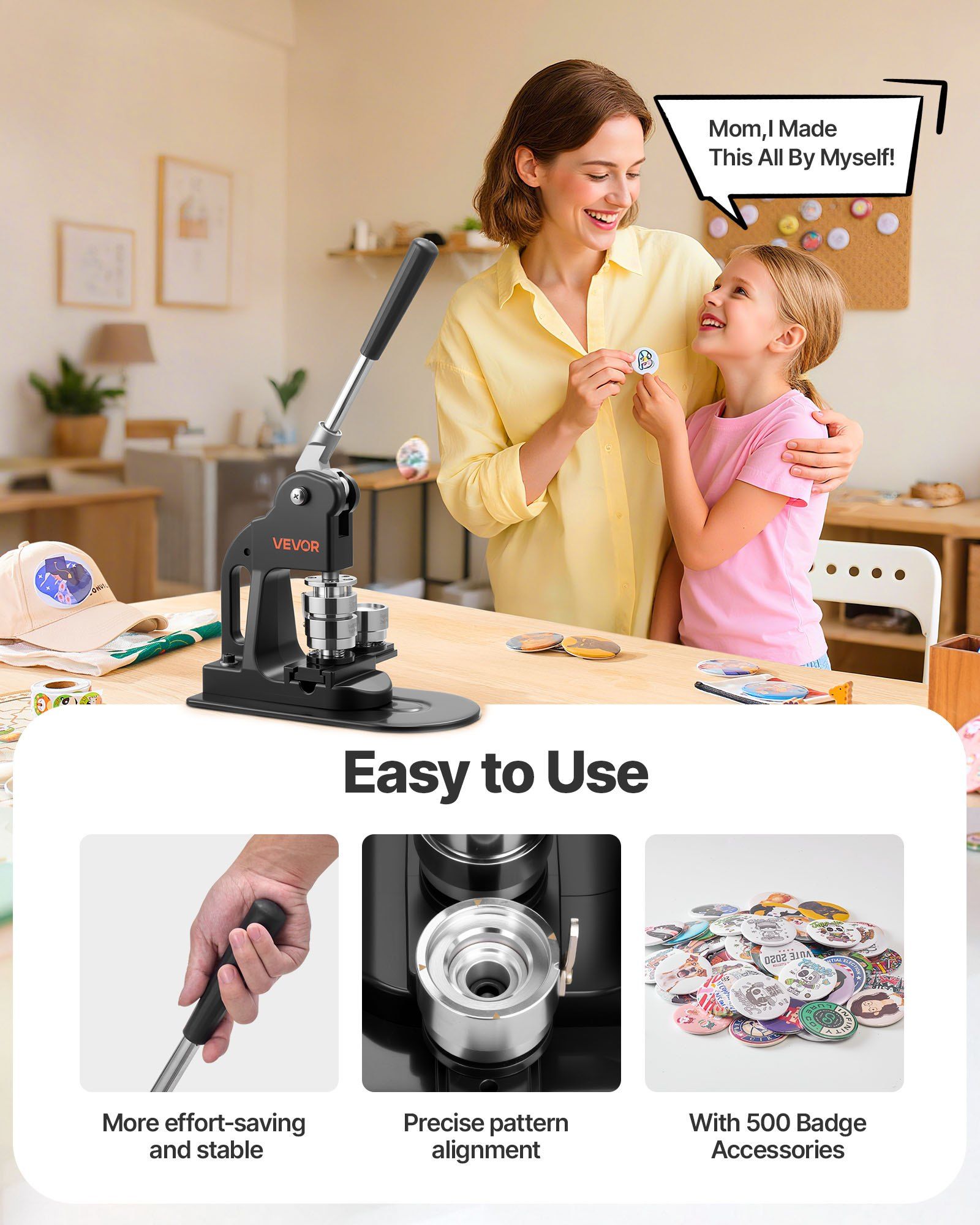 Button Maker Machine, 32 mm, Pin Maker Machine with 500pcs Button Parts, Circle Cutter, Hex Wrenches and Magic Book, Ergonomic Handle, for DIY Badges, Personalized Pins and Key Chains, Black - Image 4