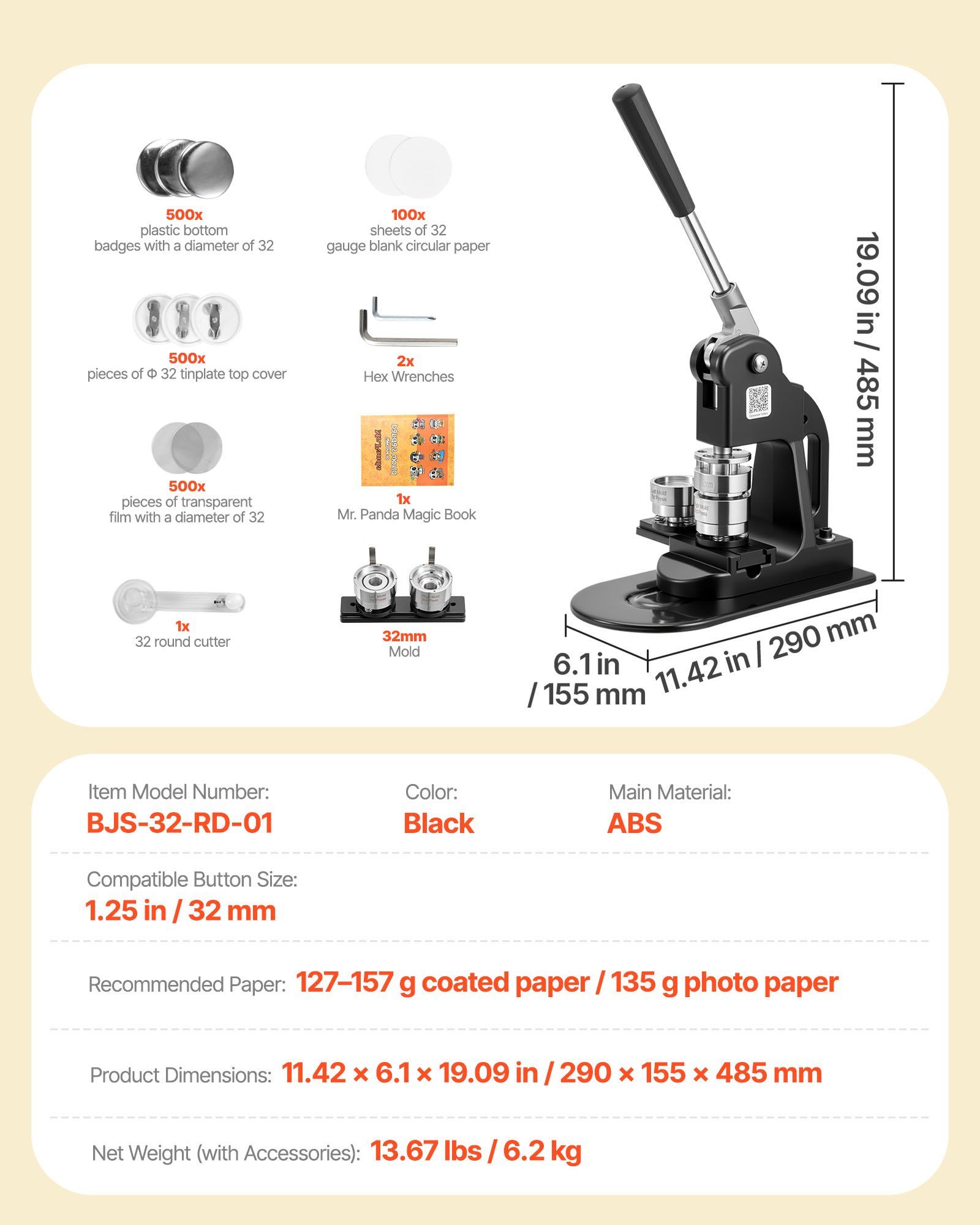 Button Maker Machine, 32 mm, Pin Maker Machine with 500pcs Button Parts, Circle Cutter, Hex Wrenches and Magic Book, Ergonomic Handle, for DIY Badges, Personalized Pins and Key Chains, Black - Image 7