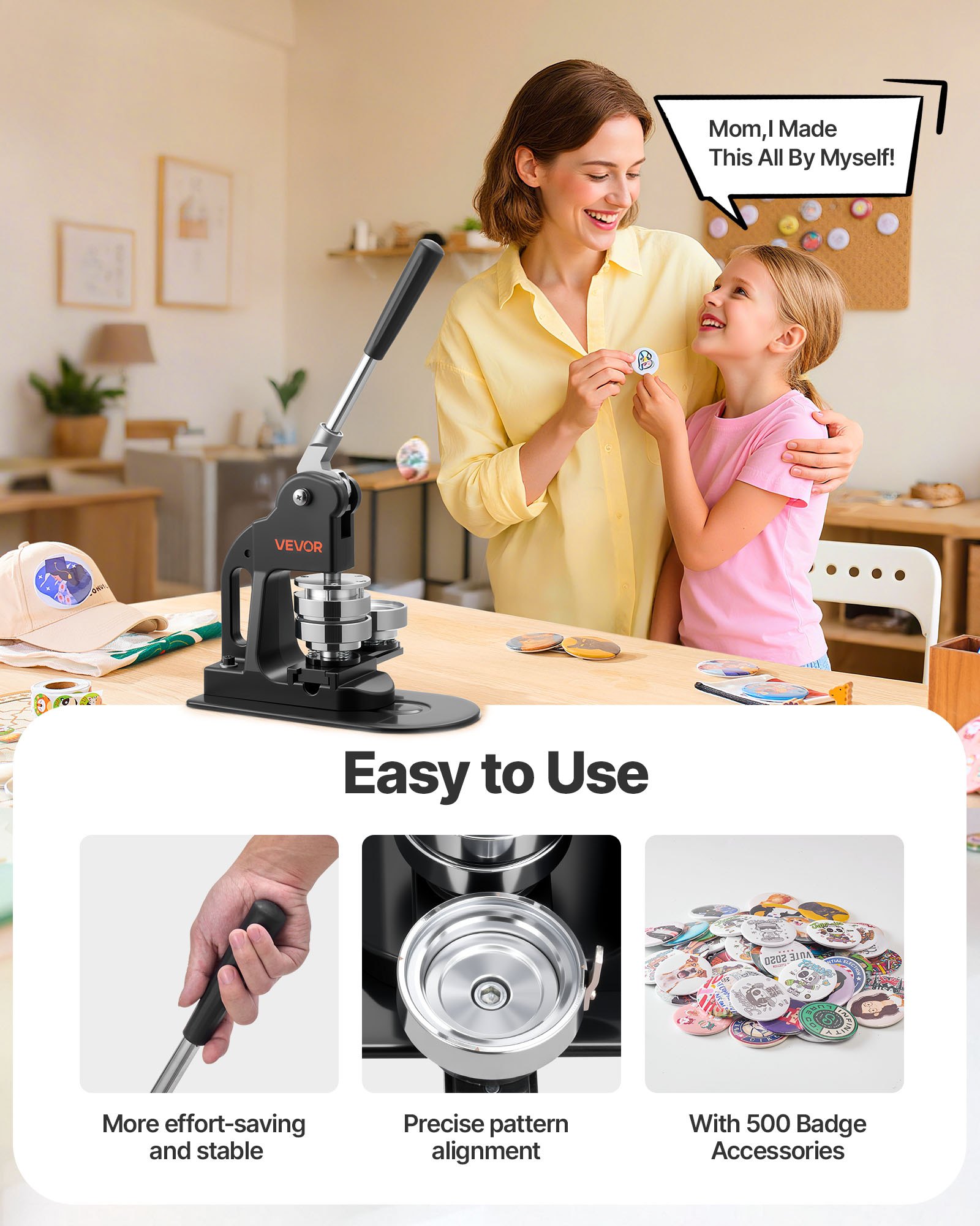 Button Maker Machine, 58 mm, Pin Maker Machine with 500pcs Button Parts, Circle Cutter, Hex Wrenches and Magic Book, Ergonomic Handle, for DIY Badges, Personalized Pins and Key Chains, Black - Image 4