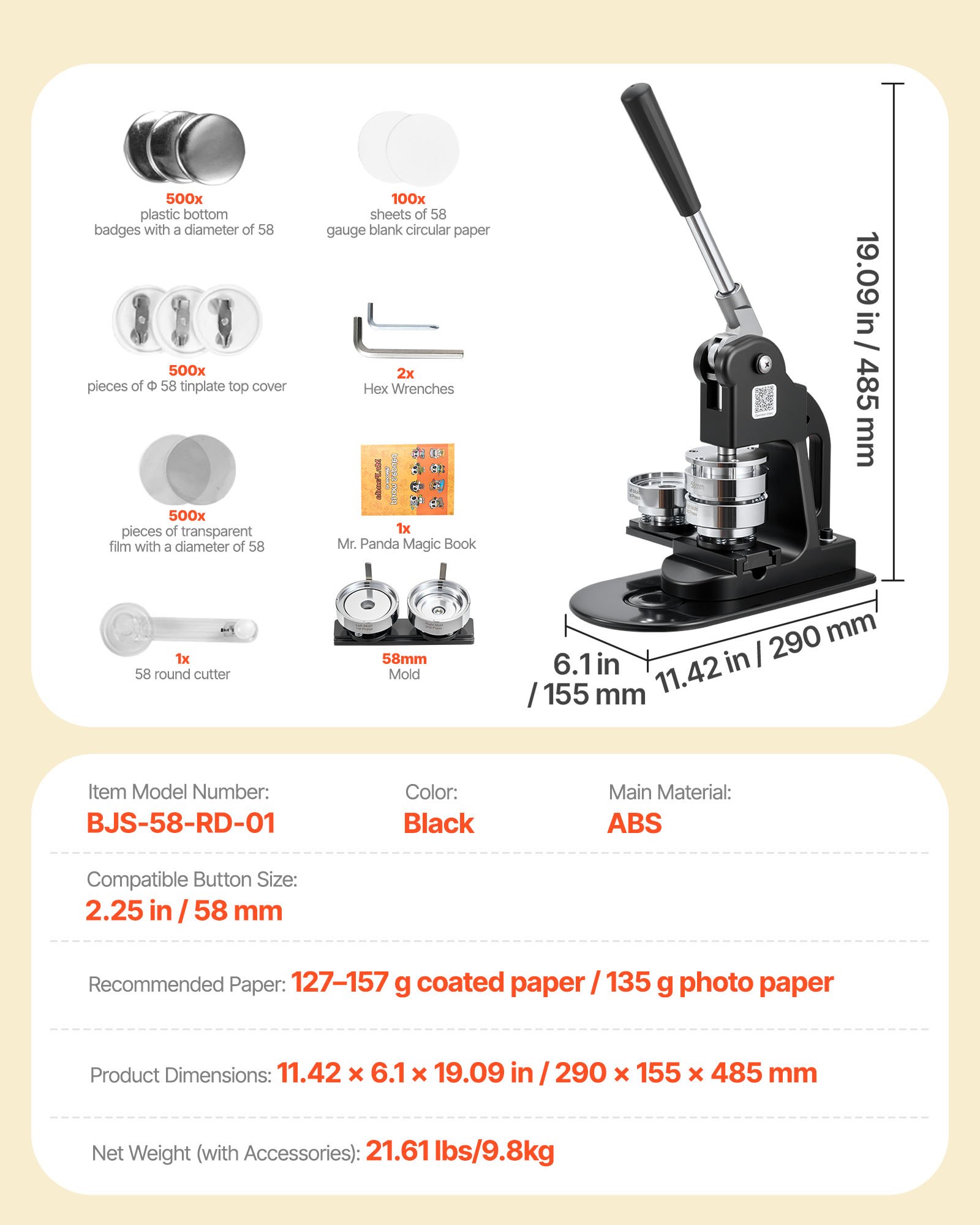 Button Maker Machine, 58 mm, Pin Maker Machine with 500pcs Button Parts, Circle Cutter, Hex Wrenches and Magic Book, Ergonomic Handle, for DIY Badges, Personalized Pins and Key Chains, Black - Image 7