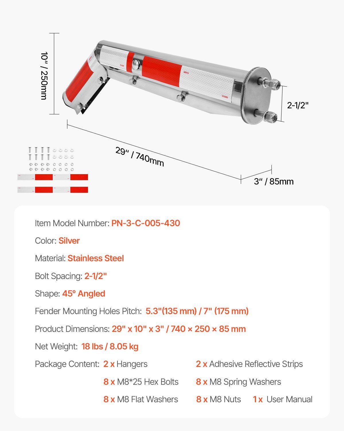 Stainless Steel Angled Spring Loaded Mud Flap Hangers, 2-1/2
