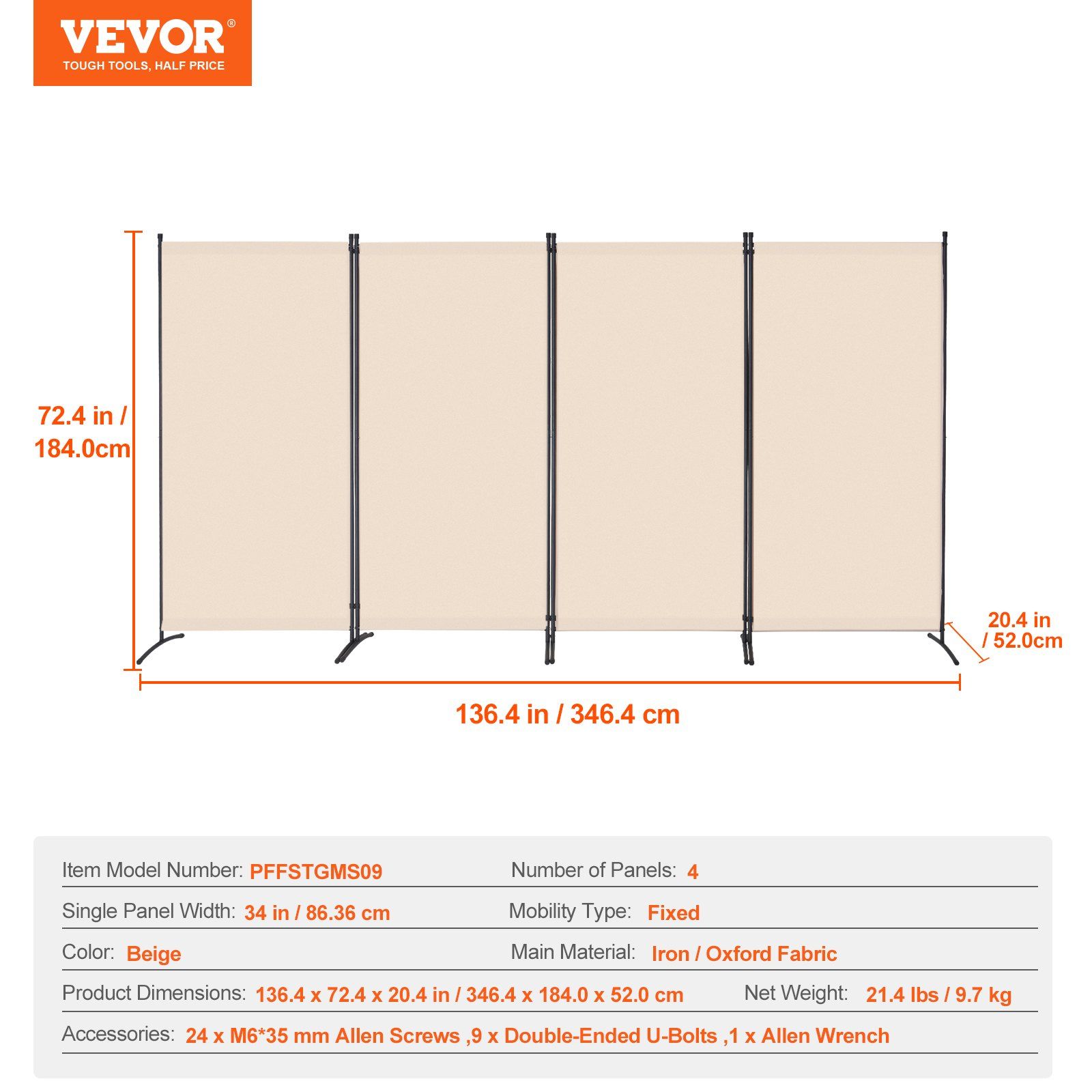 Room Divider, 4 Panels Room Divider, Folding Privacy Screen and Portable Partition Divider for Room Separation, Freestanding Room Partitions for Office, Bedroom, Study, Beige - Image 7