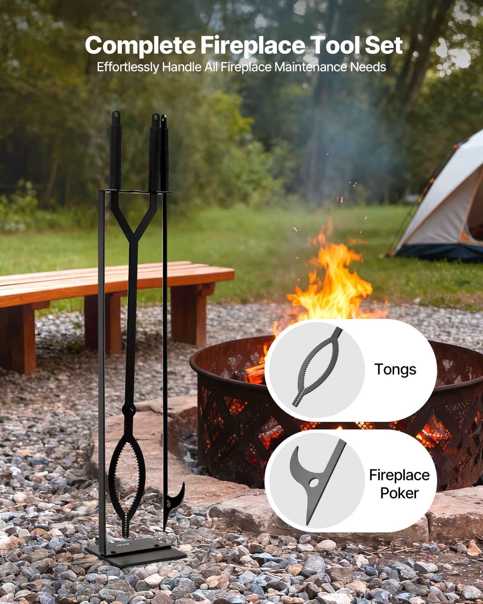 Fireplace Tool Set, 3 PCS Fire Tool Set and Holder with Stand, Tongs, Fire Place Poker, Wrought Iron Fireplace Accessories for Campfire Backyard Bonfire Indoor/Outdoor, Black - Image 2