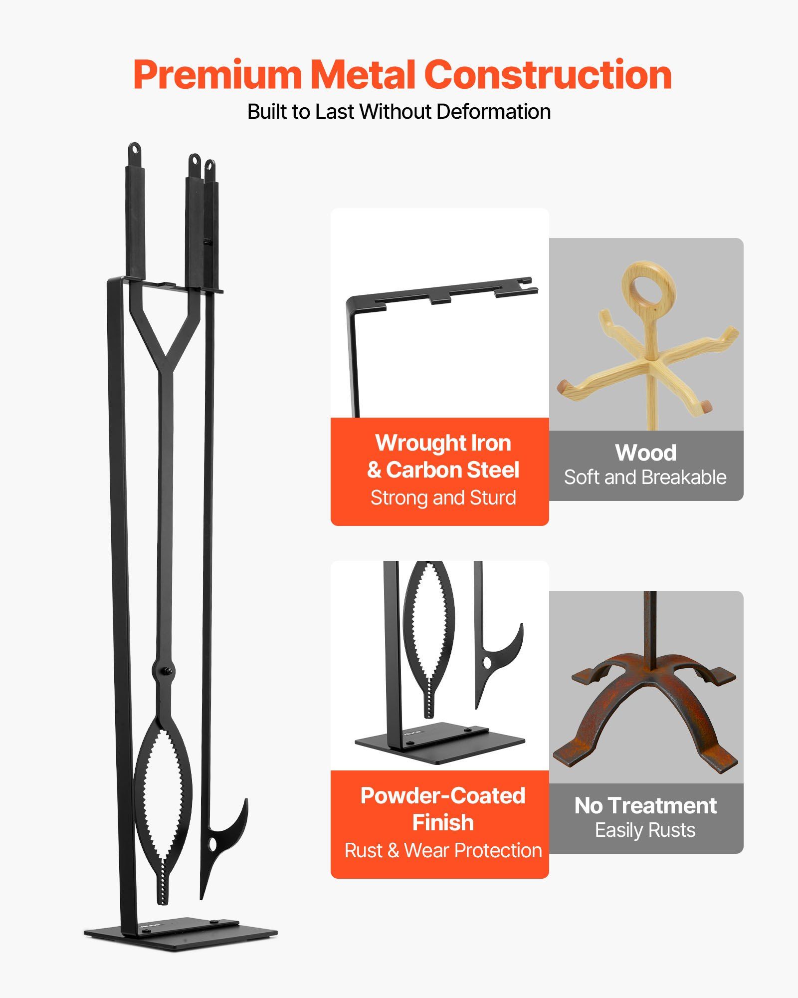 Fireplace Tool Set, 3 PCS Fire Tool Set and Holder with Stand, Tongs, Fire Place Poker, Wrought Iron Fireplace Accessories for Campfire Backyard Bonfire Indoor/Outdoor, Black - Image 3