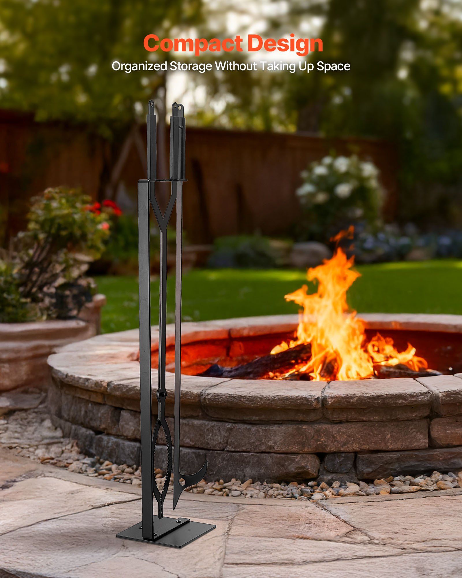 Fireplace Tool Set, 3 PCS Fire Tool Set and Holder with Stand, Tongs, Fire Place Poker, Wrought Iron Fireplace Accessories for Campfire Backyard Bonfire Indoor/Outdoor, Black - Image 5