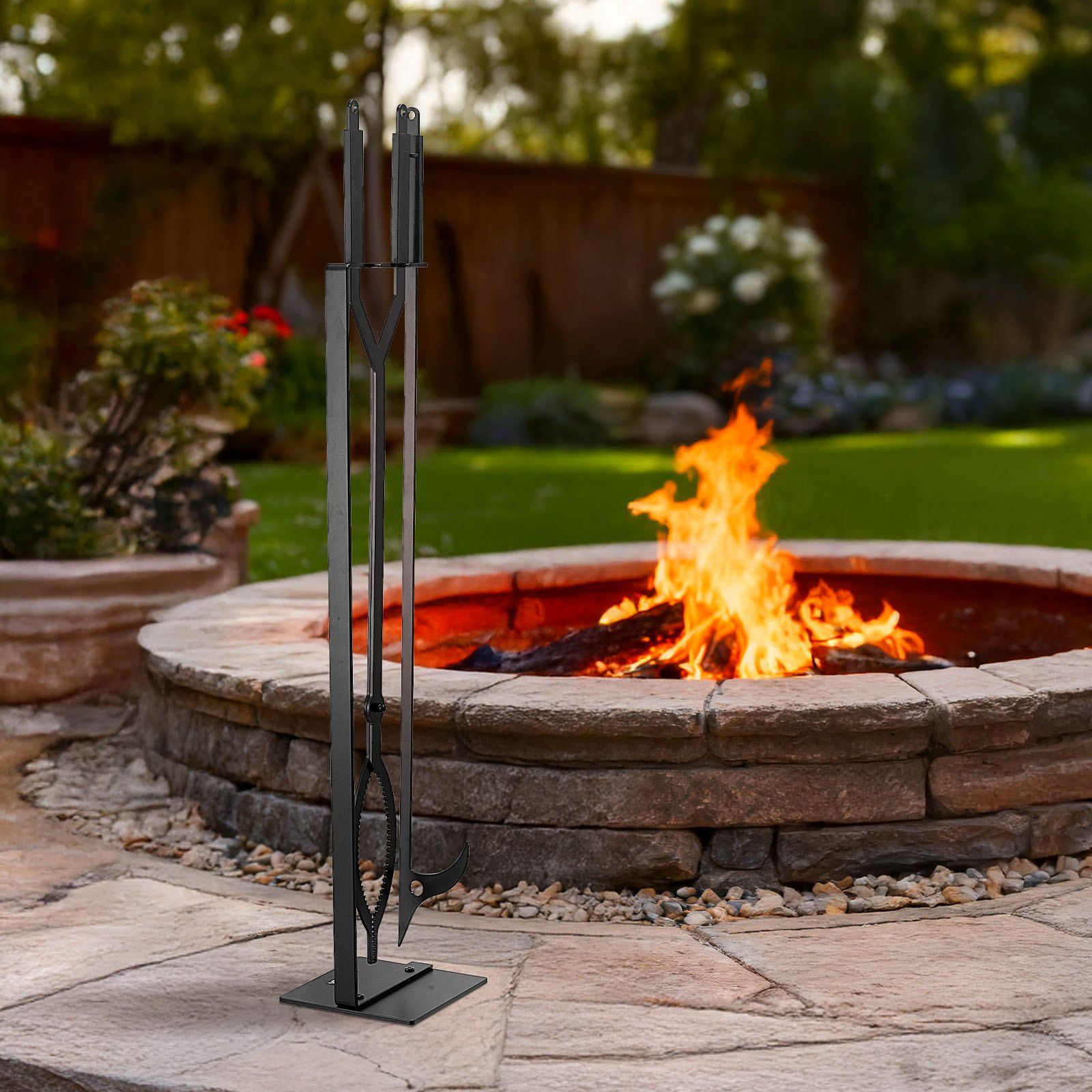 Fireplace Tool Set, 3 PCS Fire Tool Set and Holder with Stand, Tongs, Fire Place Poker, Wrought Iron Fireplace Accessories for Campfire Backyard Bonfire Indoor/Outdoor, Black - Image 8