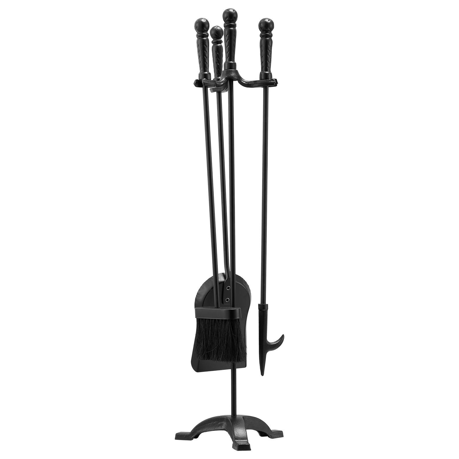 Fireplace Tool Set, 4 PCS Fire Tool Set and Holder with Three-Prong Stand, Ash Shovel, Brush, Fire Place Poker, Wrought Iron Fireplace Accessories for Campfire Indoor/Outdoor, Black - Image 1