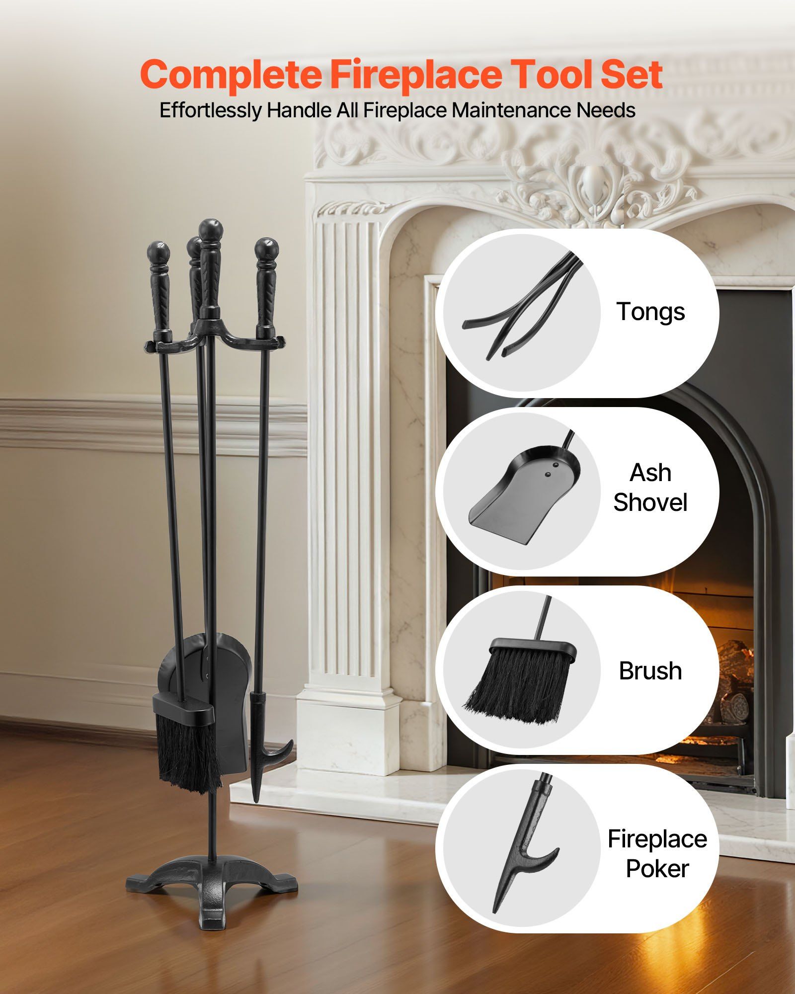 Fireplace Tool Set, 4 PCS Fire Tool Set and Holder with Three-Prong Stand, Ash Shovel, Brush, Fire Place Poker, Wrought Iron Fireplace Accessories for Campfire Indoor/Outdoor, Black - Image 2
