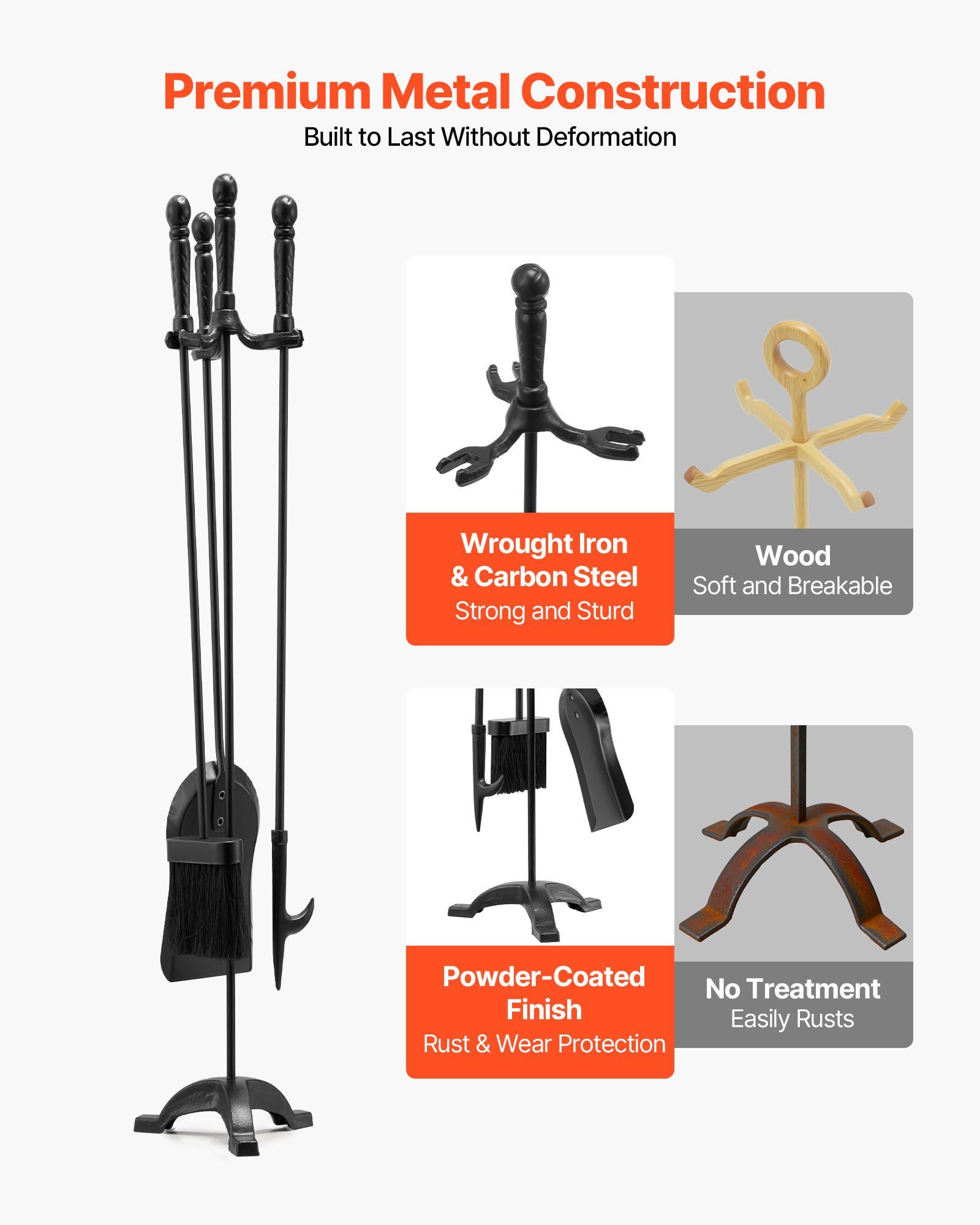 Fireplace Tool Set, 4 PCS Fire Tool Set and Holder with Three-Prong Stand, Ash Shovel, Brush, Fire Place Poker, Wrought Iron Fireplace Accessories for Campfire Indoor/Outdoor, Black - Image 3