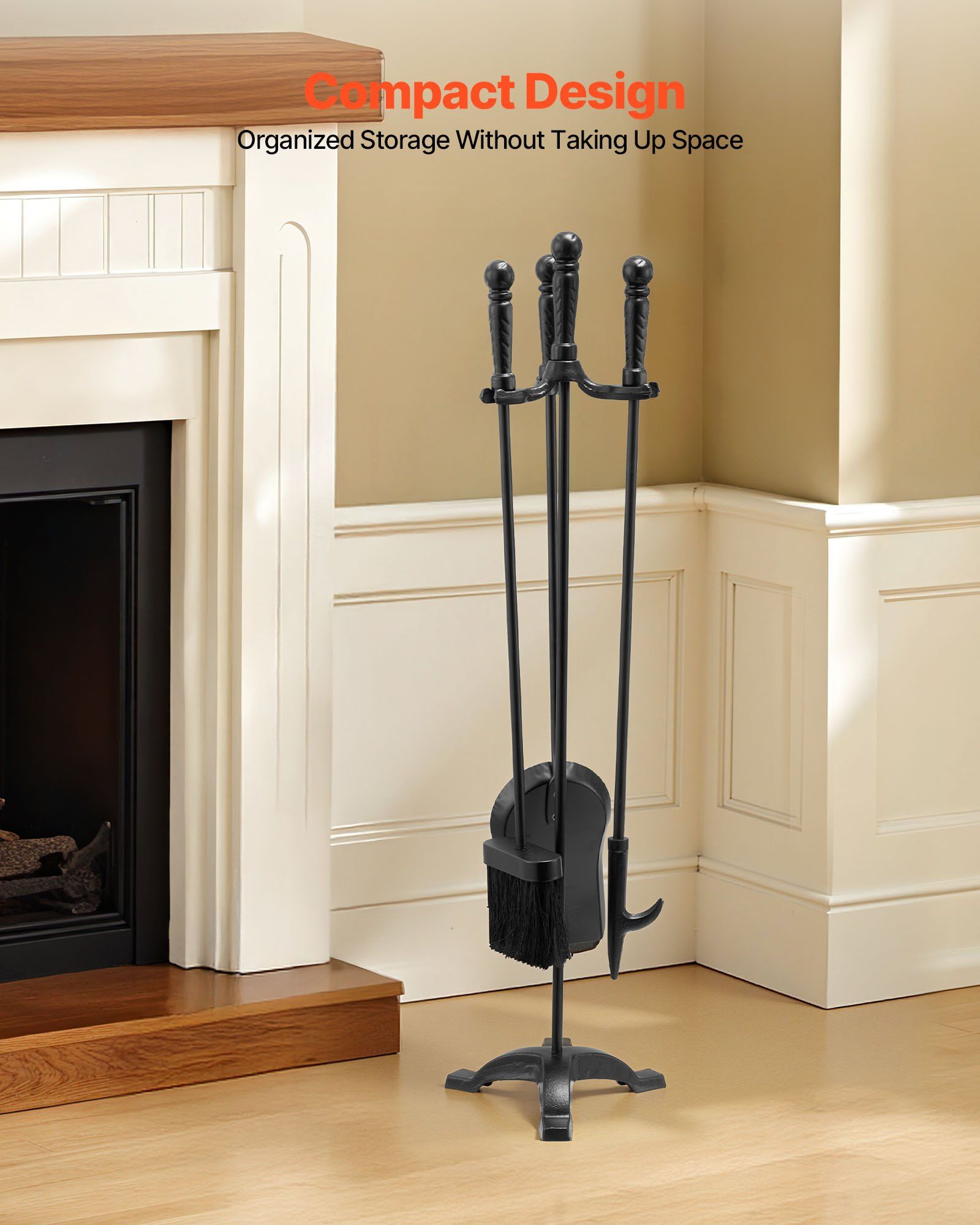 Fireplace Tool Set, 4 PCS Fire Tool Set and Holder with Three-Prong Stand, Ash Shovel, Brush, Fire Place Poker, Wrought Iron Fireplace Accessories for Campfire Indoor/Outdoor, Black - Image 5
