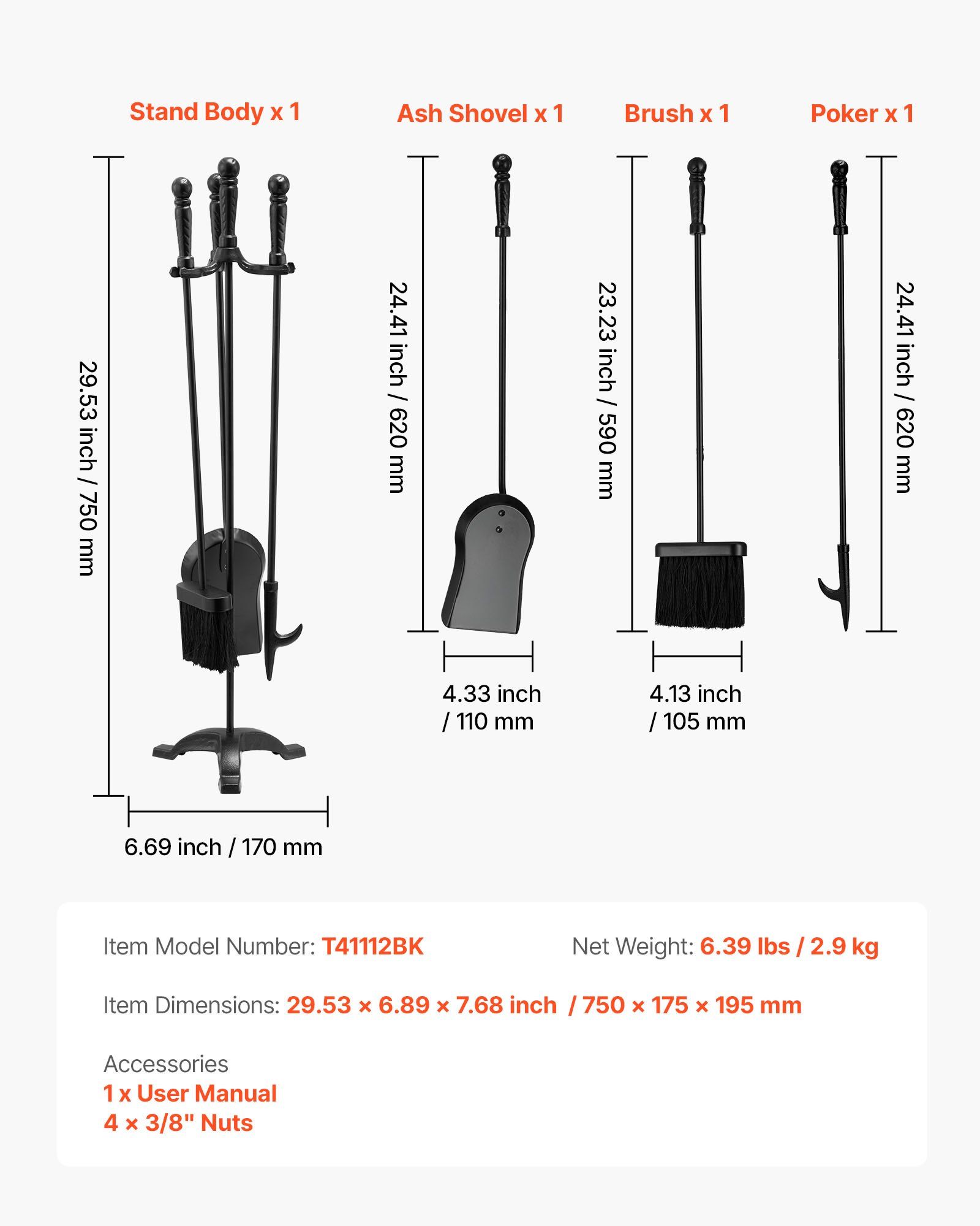Fireplace Tool Set, 4 PCS Fire Tool Set and Holder with Three-Prong Stand, Ash Shovel, Brush, Fire Place Poker, Wrought Iron Fireplace Accessories for Campfire Indoor/Outdoor, Black - Image 7