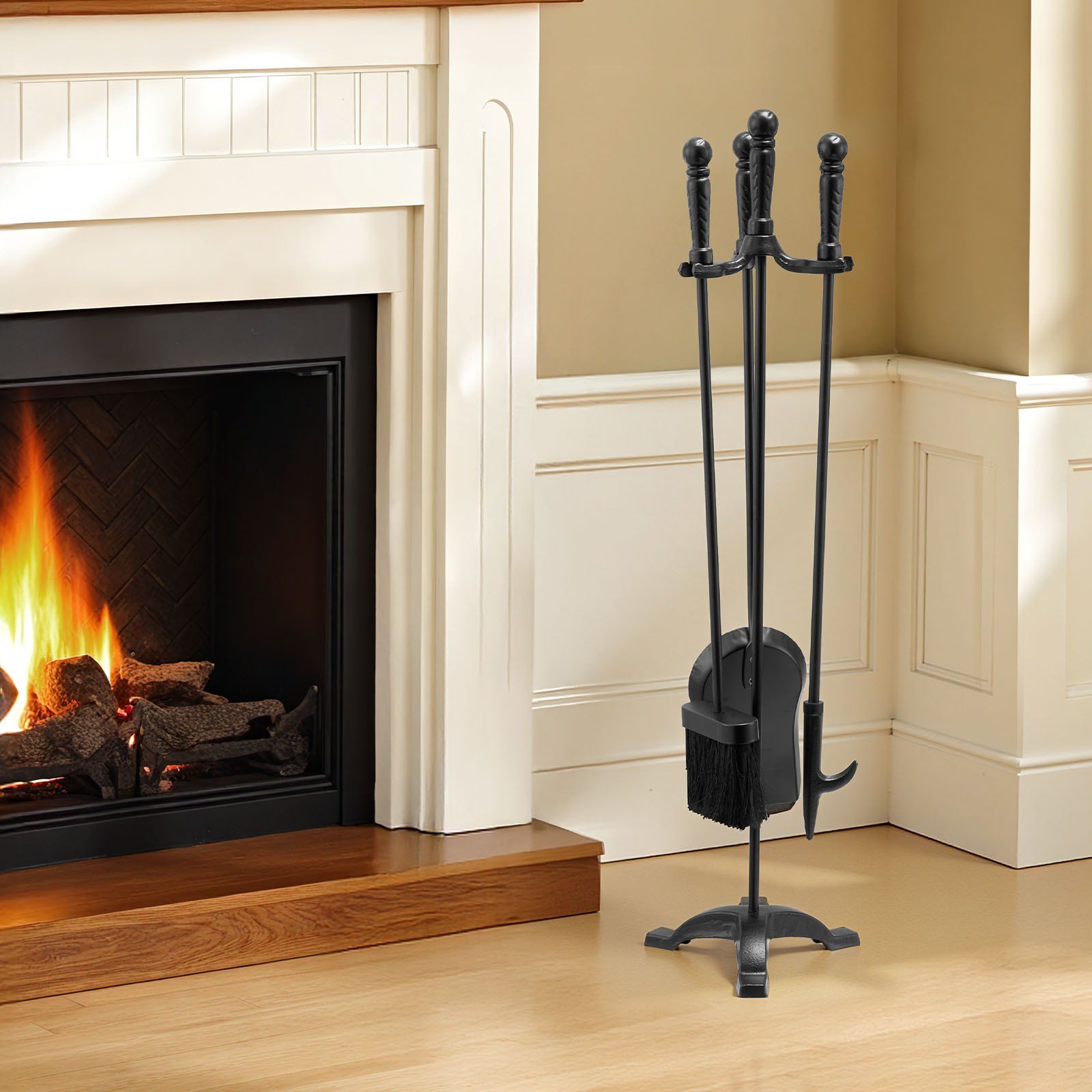 Fireplace Tool Set, 4 PCS Fire Tool Set and Holder with Three-Prong Stand, Ash Shovel, Brush, Fire Place Poker, Wrought Iron Fireplace Accessories for Campfire Indoor/Outdoor, Black - Image 8