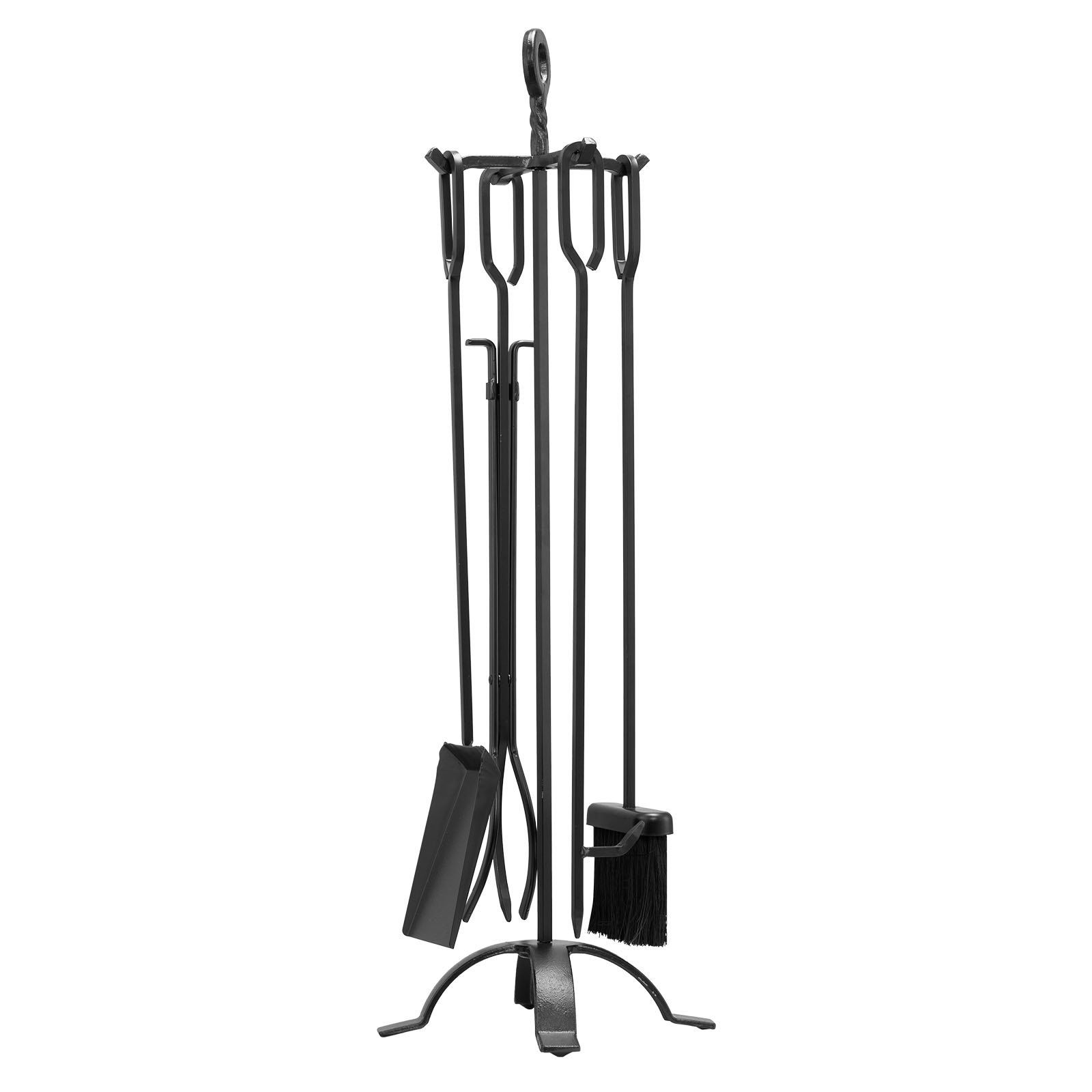 Fireplace Tool Set, 5 PCS Fire Tool Set and Holder with Four-Prong Stand, Tongs, Ash Shovel, Brush, Fire Place Poker, Wrought Iron Fireplace Accessories for Campfire Indoor/Outdoor, Black - Image 1