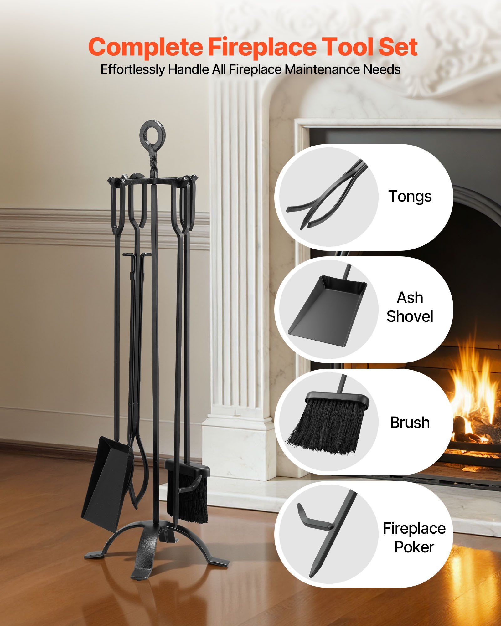 Fireplace Tool Set, 5 PCS Fire Tool Set and Holder with Four-Prong Stand, Tongs, Ash Shovel, Brush, Fire Place Poker, Wrought Iron Fireplace Accessories for Campfire Indoor/Outdoor, Black - Image 2