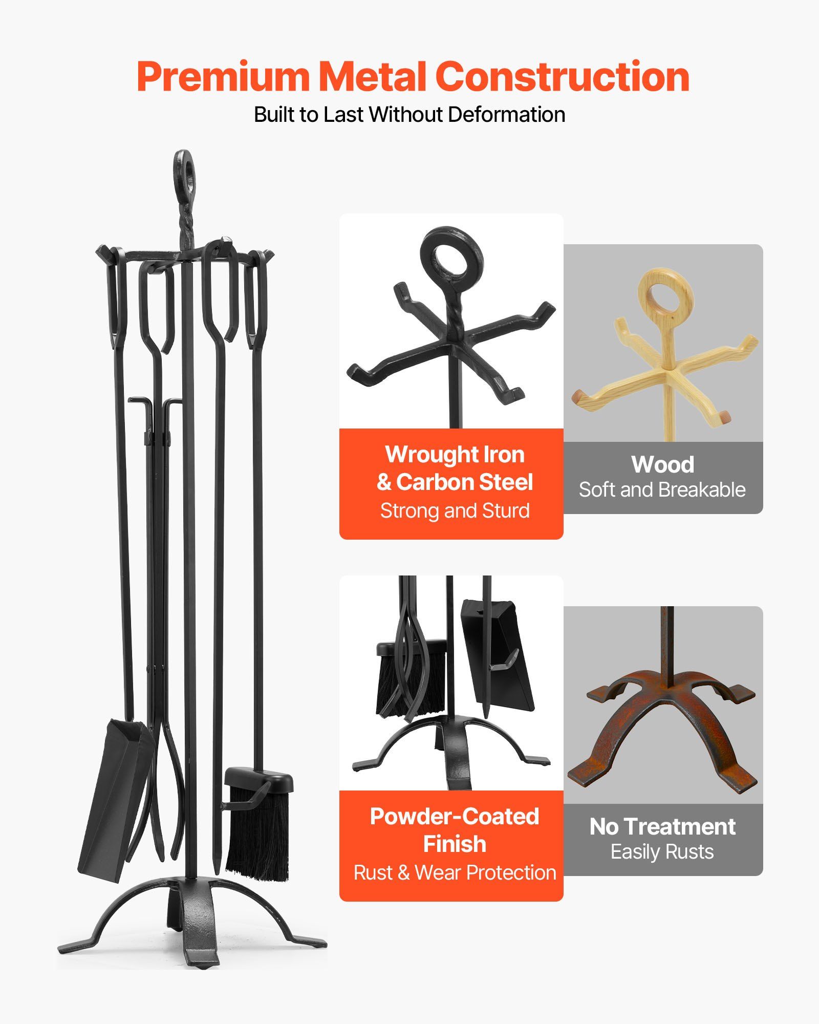 Fireplace Tool Set, 5 PCS Fire Tool Set and Holder with Four-Prong Stand, Tongs, Ash Shovel, Brush, Fire Place Poker, Wrought Iron Fireplace Accessories for Campfire Indoor/Outdoor, Black - Image 3