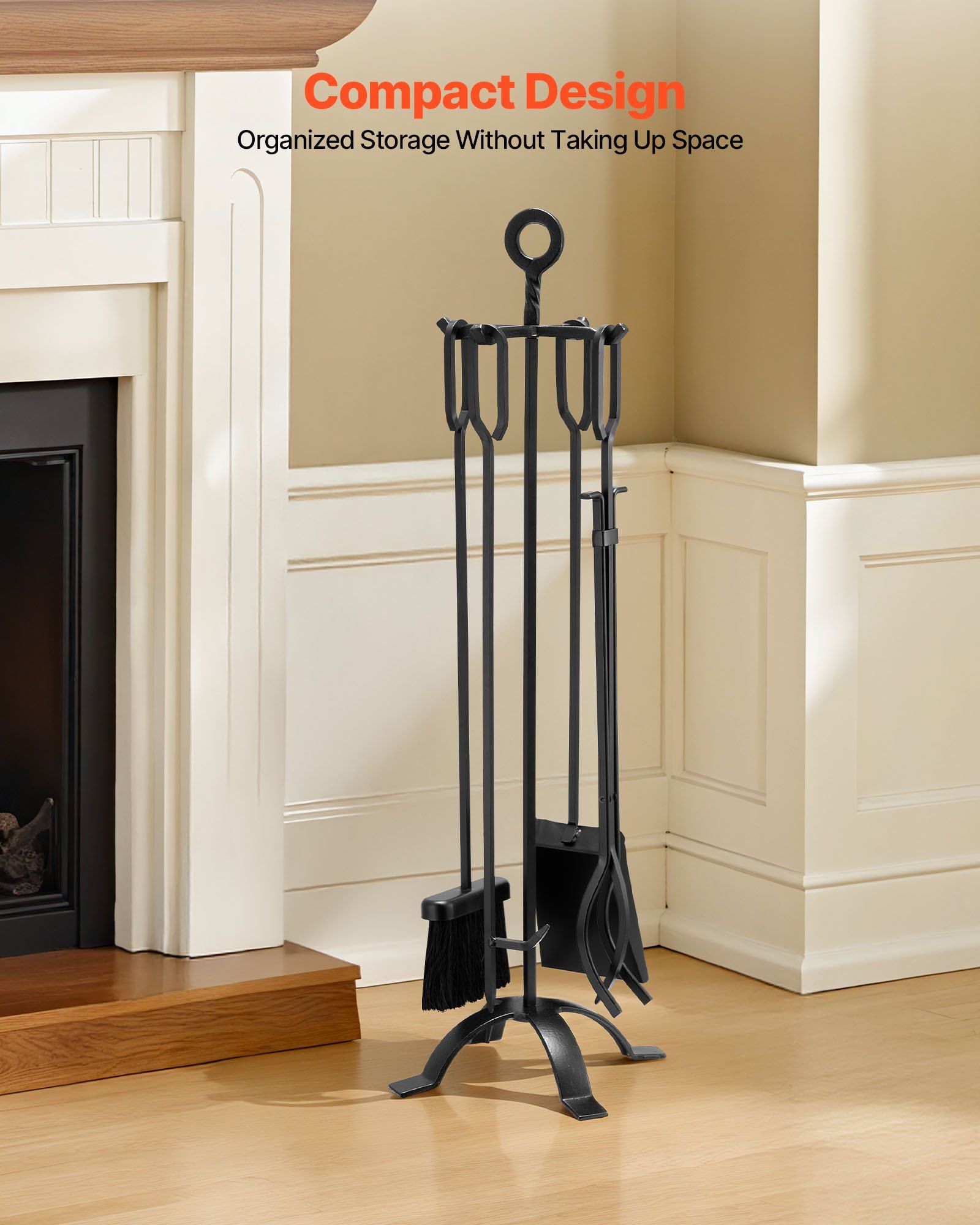 Fireplace Tool Set, 5 PCS Fire Tool Set and Holder with Four-Prong Stand, Tongs, Ash Shovel, Brush, Fire Place Poker, Wrought Iron Fireplace Accessories for Campfire Indoor/Outdoor, Black - Image 5