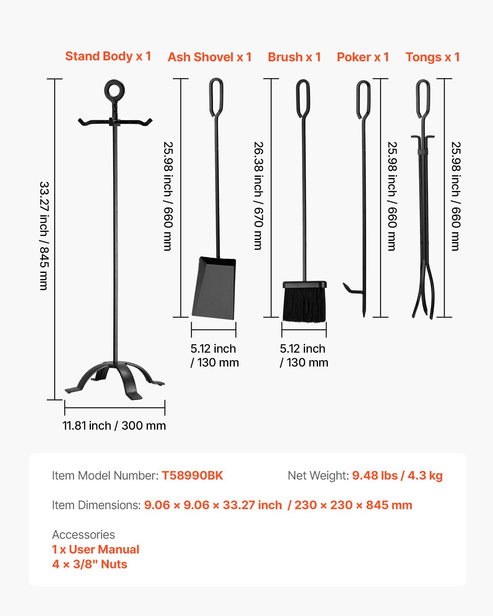 Fireplace Tool Set, 5 PCS Fire Tool Set and Holder with Four-Prong Stand, Tongs, Ash Shovel, Brush, Fire Place Poker, Wrought Iron Fireplace Accessories for Campfire Indoor/Outdoor, Black - Image 7