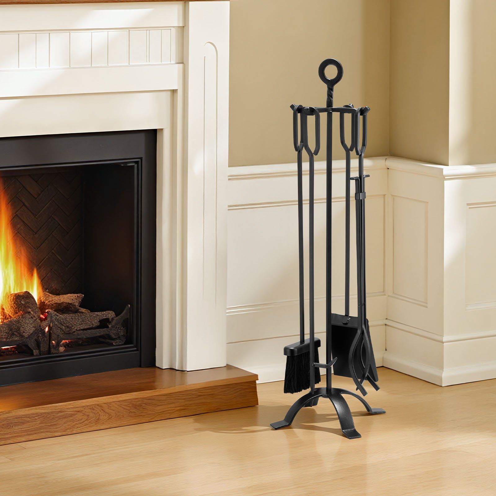 Fireplace Tool Set, 5 PCS Fire Tool Set and Holder with Four-Prong Stand, Tongs, Ash Shovel, Brush, Fire Place Poker, Wrought Iron Fireplace Accessories for Campfire Indoor/Outdoor, Black - Image 8
