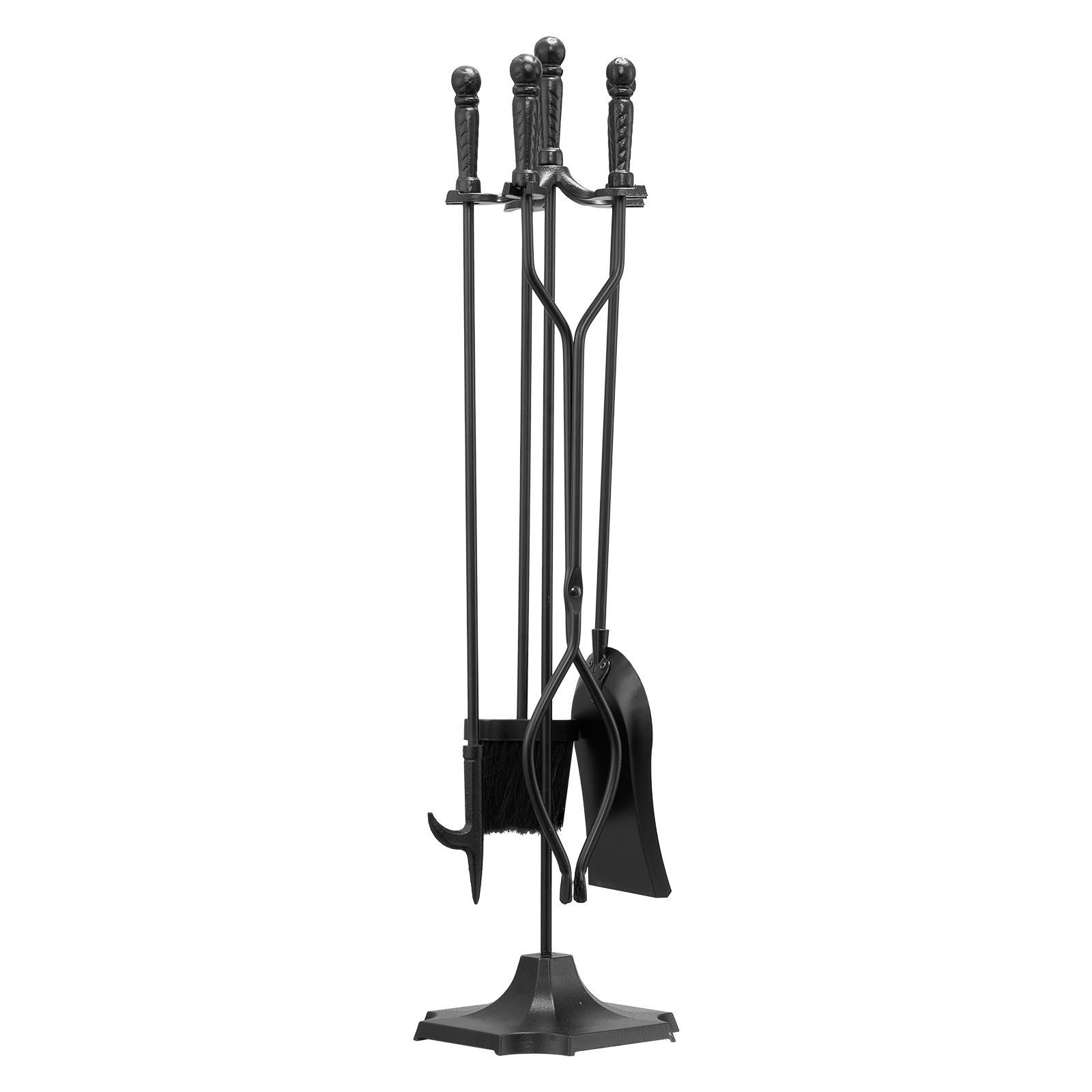 Fireplace Tool Set, 5 PCS Fire Tool Set and Holder with Five-Prong Stand, Tongs, Ash Shovel, Brush, Fire Place Poker, Wrought Iron Fireplace Accessories for Campfire Indoor/Outdoor, Black - Image 1