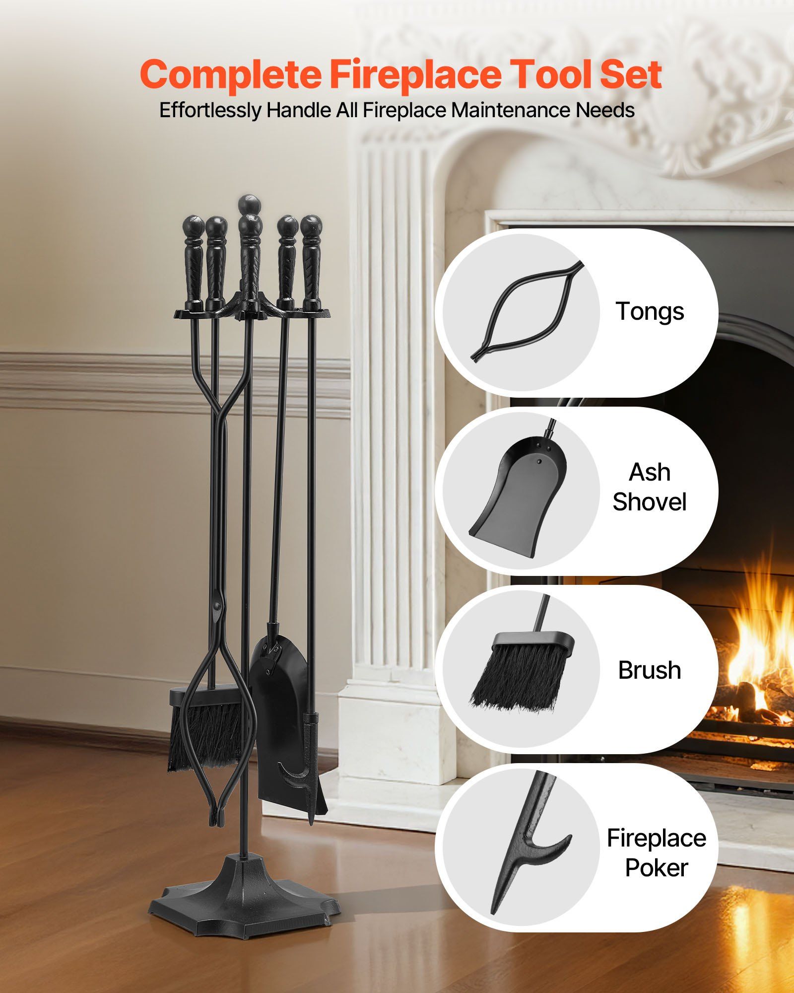 Fireplace Tool Set, 5 PCS Fire Tool Set and Holder with Five-Prong Stand, Tongs, Ash Shovel, Brush, Fire Place Poker, Wrought Iron Fireplace Accessories for Campfire Indoor/Outdoor, Black - Image 2