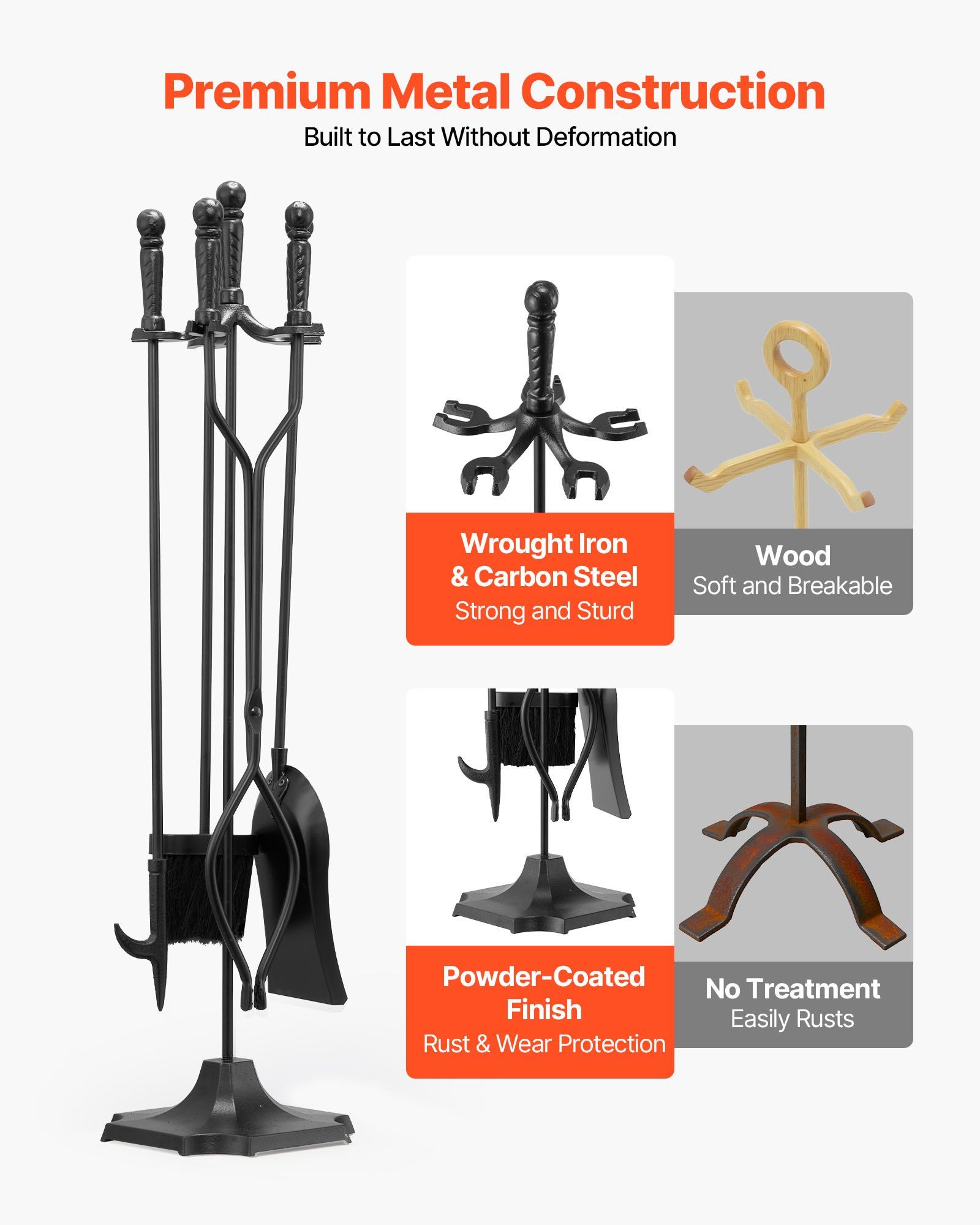 Fireplace Tool Set, 5 PCS Fire Tool Set and Holder with Five-Prong Stand, Tongs, Ash Shovel, Brush, Fire Place Poker, Wrought Iron Fireplace Accessories for Campfire Indoor/Outdoor, Black - Image 3