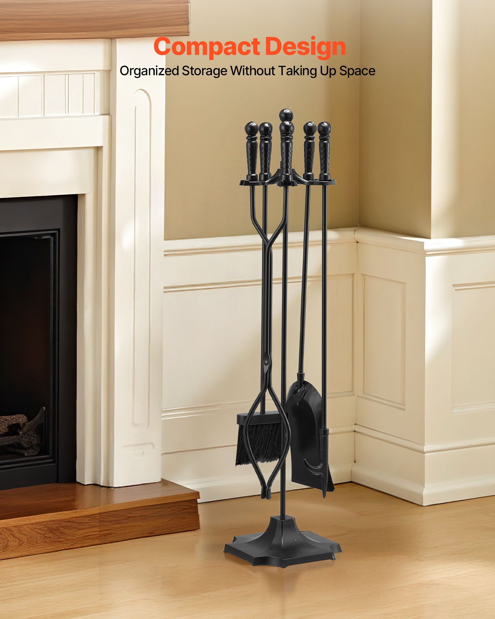 Fireplace Tool Set, 5 PCS Fire Tool Set and Holder with Five-Prong Stand, Tongs, Ash Shovel, Brush, Fire Place Poker, Wrought Iron Fireplace Accessories for Campfire Indoor/Outdoor, Black - Image 5