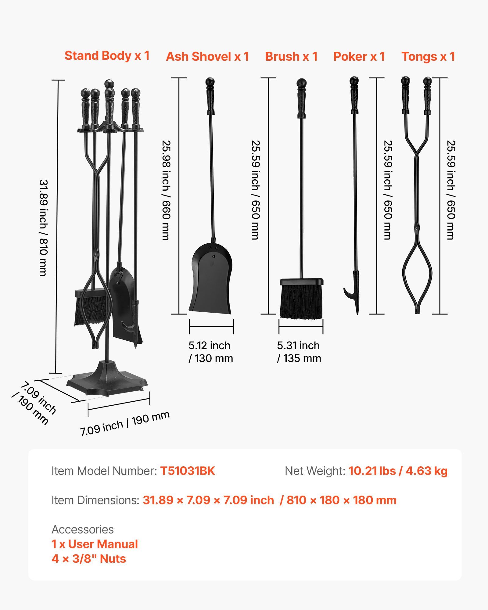 Fireplace Tool Set, 5 PCS Fire Tool Set and Holder with Five-Prong Stand, Tongs, Ash Shovel, Brush, Fire Place Poker, Wrought Iron Fireplace Accessories for Campfire Indoor/Outdoor, Black - Image 7