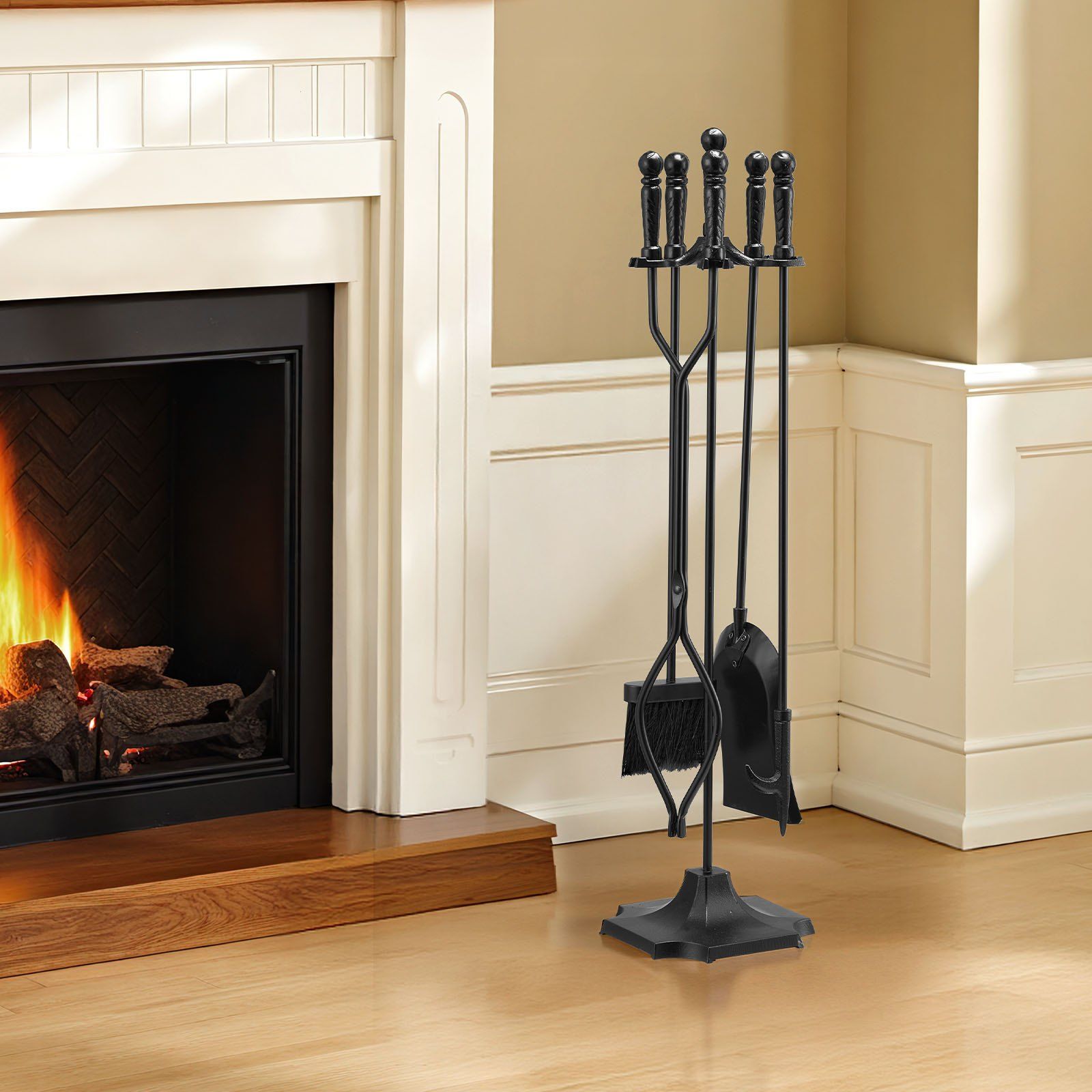 Fireplace Tool Set, 5 PCS Fire Tool Set and Holder with Five-Prong Stand, Tongs, Ash Shovel, Brush, Fire Place Poker, Wrought Iron Fireplace Accessories for Campfire Indoor/Outdoor, Black - Image 8