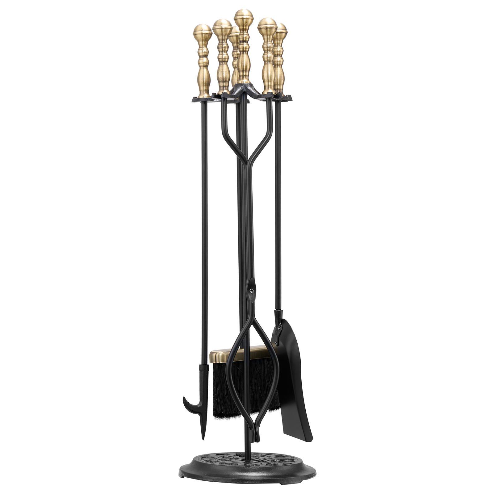 Fireplace Tool Set, 5 PCS Fire Tool Set and Holder with Five-Prong Stand, Tongs, Ash Shovel, Brush, Fire Place Poker, Wrought Iron Fireplace Accessories for Indoor/Outdoor, Black & Brass - Image 1