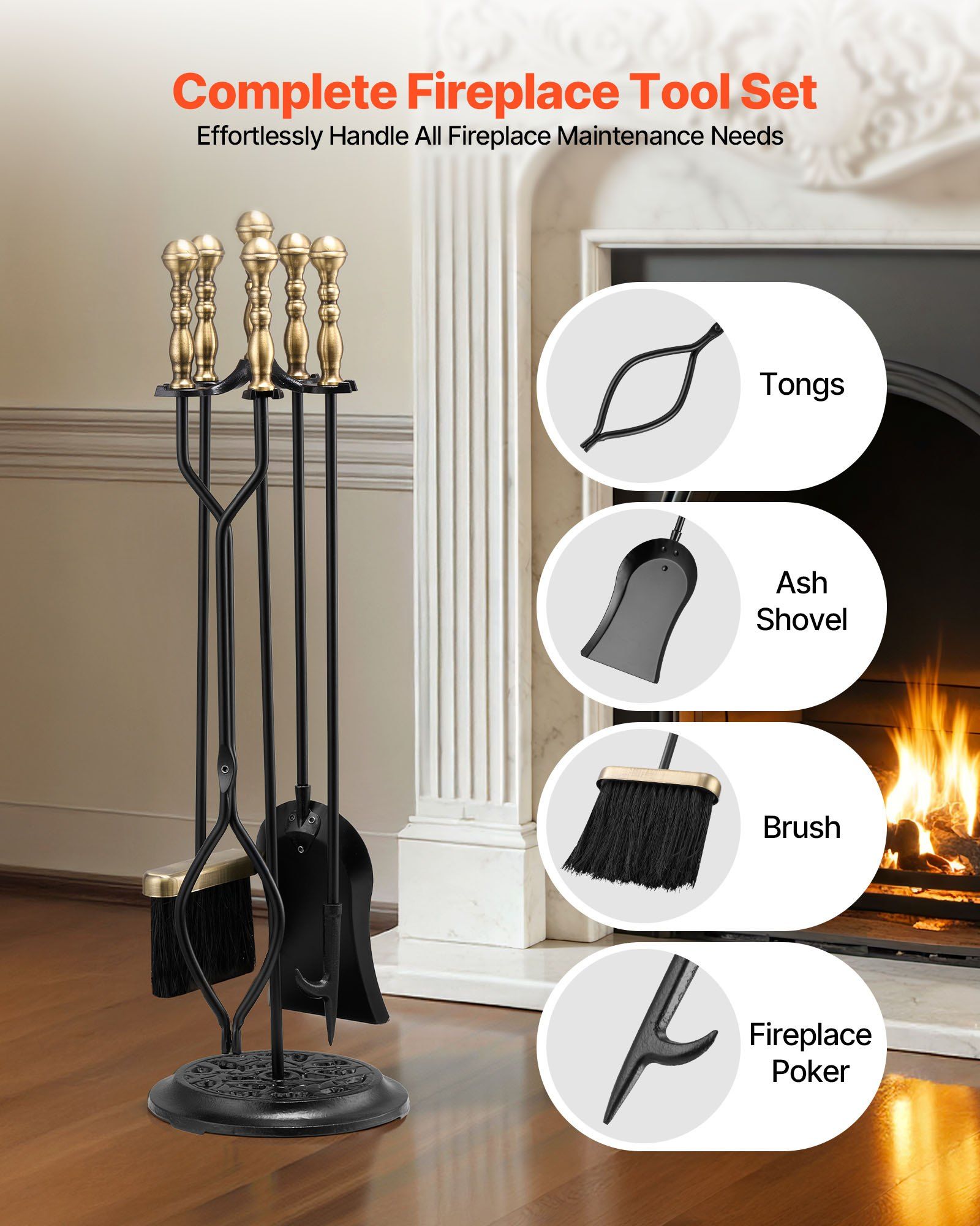Fireplace Tool Set, 5 PCS Fire Tool Set and Holder with Five-Prong Stand, Tongs, Ash Shovel, Brush, Fire Place Poker, Wrought Iron Fireplace Accessories for Indoor/Outdoor, Black & Brass - Image 2