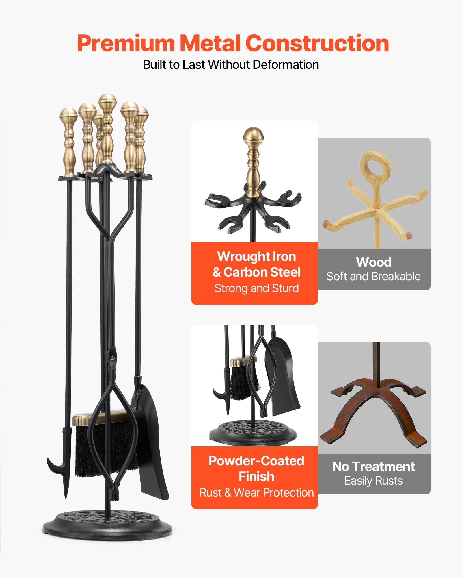 Fireplace Tool Set, 5 PCS Fire Tool Set and Holder with Five-Prong Stand, Tongs, Ash Shovel, Brush, Fire Place Poker, Wrought Iron Fireplace Accessories for Indoor/Outdoor, Black & Brass - Image 3