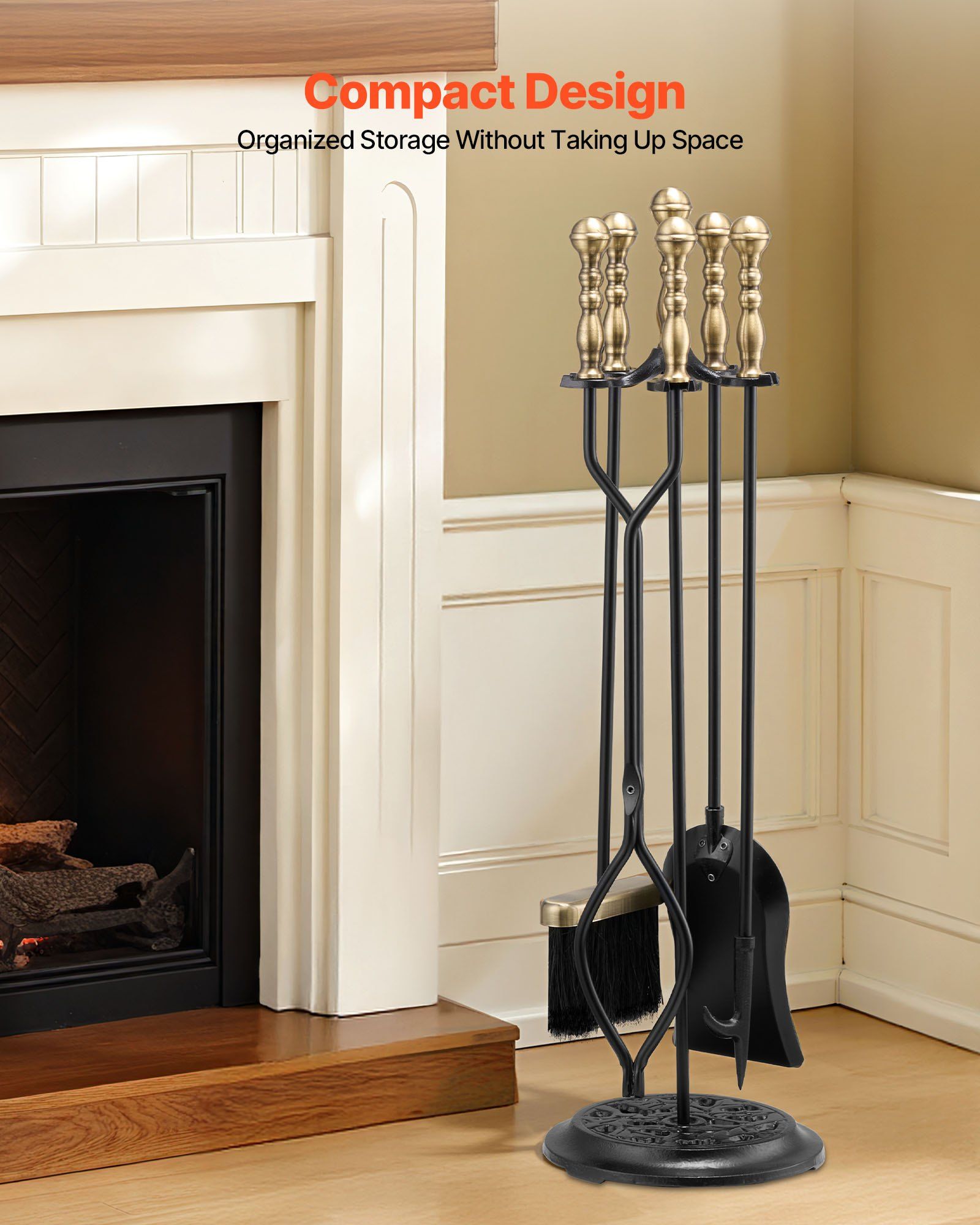 Fireplace Tool Set, 5 PCS Fire Tool Set and Holder with Five-Prong Stand, Tongs, Ash Shovel, Brush, Fire Place Poker, Wrought Iron Fireplace Accessories for Indoor/Outdoor, Black & Brass - Image 5