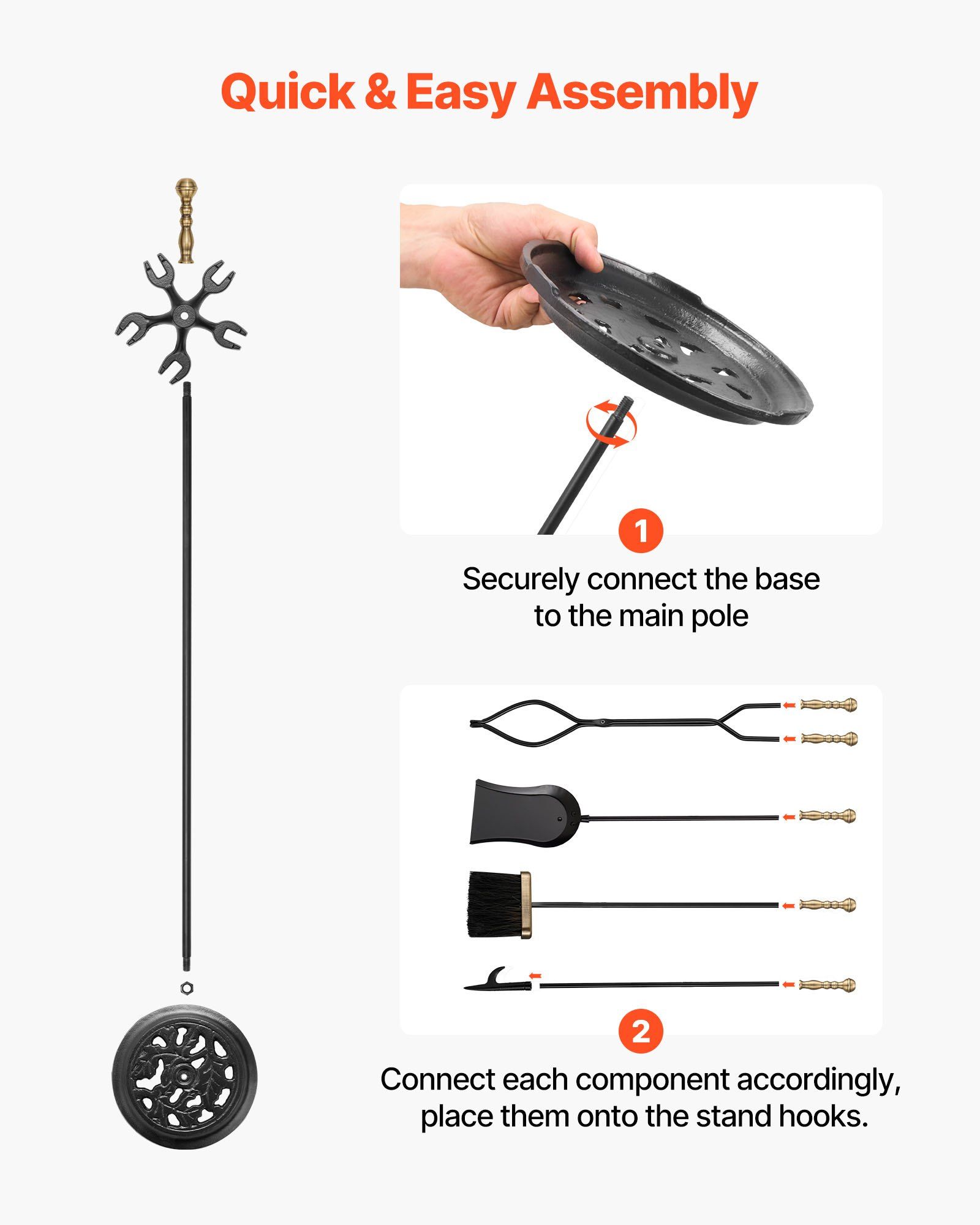 Fireplace Tool Set, 5 PCS Fire Tool Set and Holder with Five-Prong Stand, Tongs, Ash Shovel, Brush, Fire Place Poker, Wrought Iron Fireplace Accessories for Indoor/Outdoor, Black & Brass - Image 6