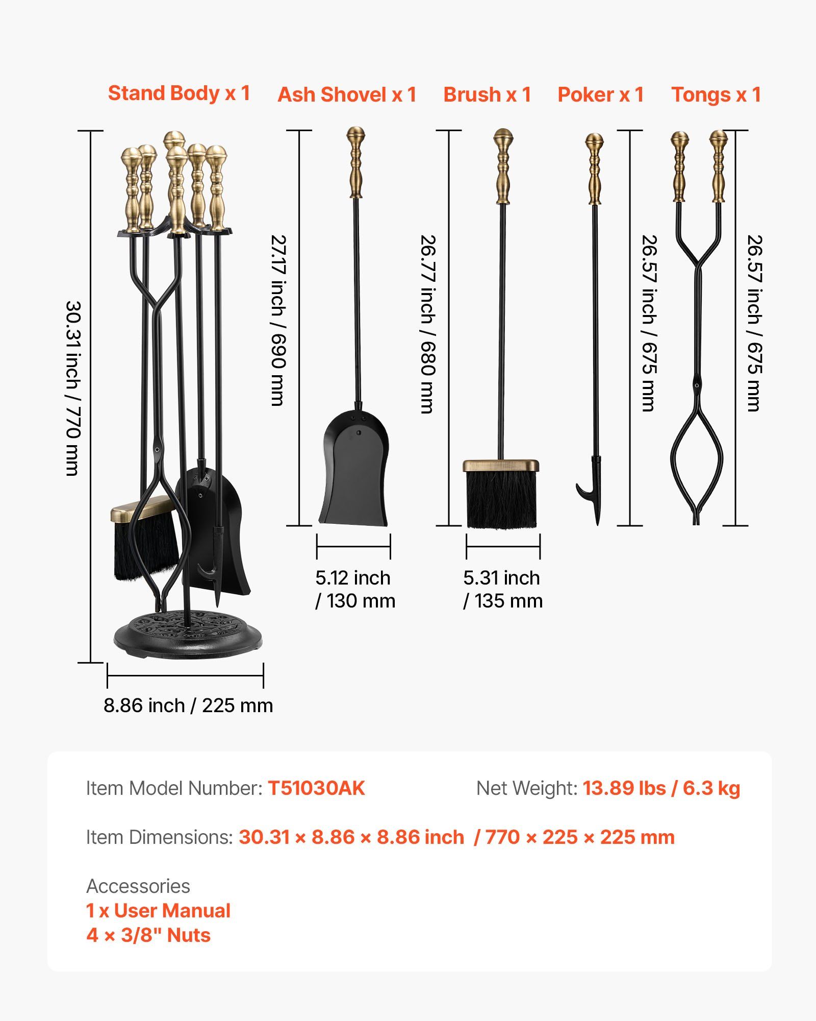 Fireplace Tool Set, 5 PCS Fire Tool Set and Holder with Five-Prong Stand, Tongs, Ash Shovel, Brush, Fire Place Poker, Wrought Iron Fireplace Accessories for Indoor/Outdoor, Black & Brass - Image 7