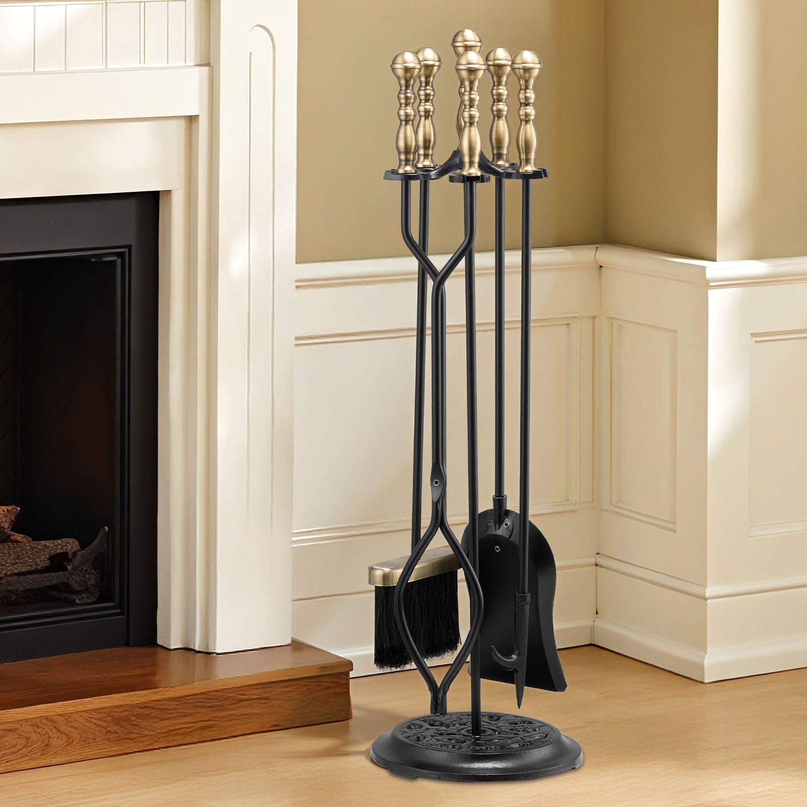 Fireplace Tool Set, 5 PCS Fire Tool Set and Holder with Five-Prong Stand, Tongs, Ash Shovel, Brush, Fire Place Poker, Wrought Iron Fireplace Accessories for Indoor/Outdoor, Black & Brass - Image 8
