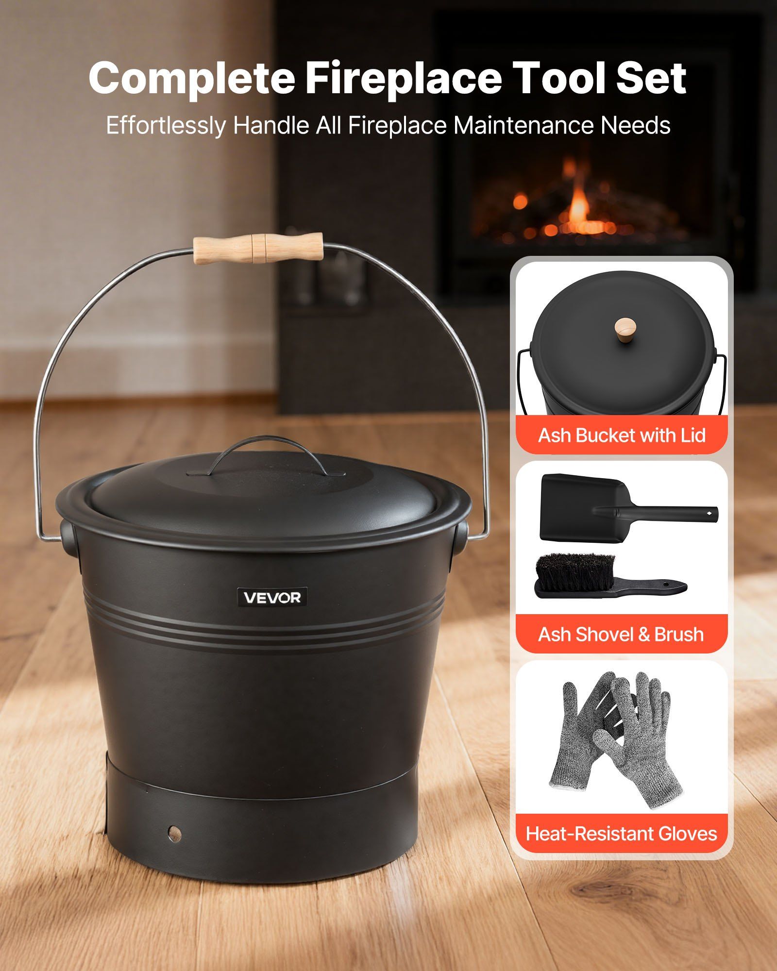Ash Bucket, 4 PCS with Lid, Shovel, Broom and Gloves, Metal Fireplace Charcoal Bucket and Ash Can, 9.8L Large Capacity for Fireplace, Fire Pits, Wood Burning Stoves, Indoor and Outdoor - Image 2