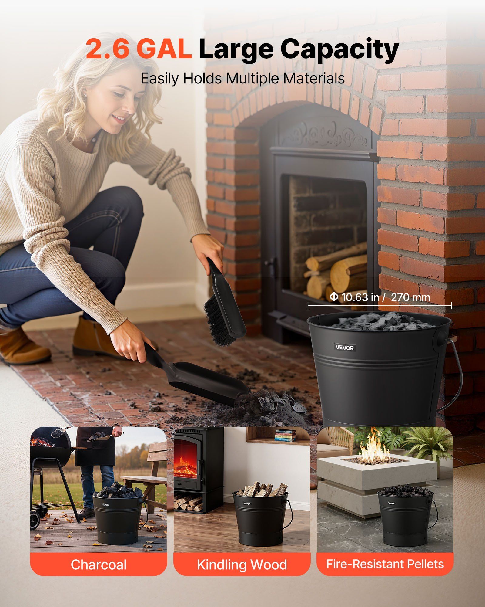 Ash Bucket, 4 PCS with Lid, Shovel, Broom and Gloves, Metal Fireplace Charcoal Bucket and Ash Can, 9.8L Large Capacity for Fireplace, Fire Pits, Wood Burning Stoves, Indoor and Outdoor - Image 4