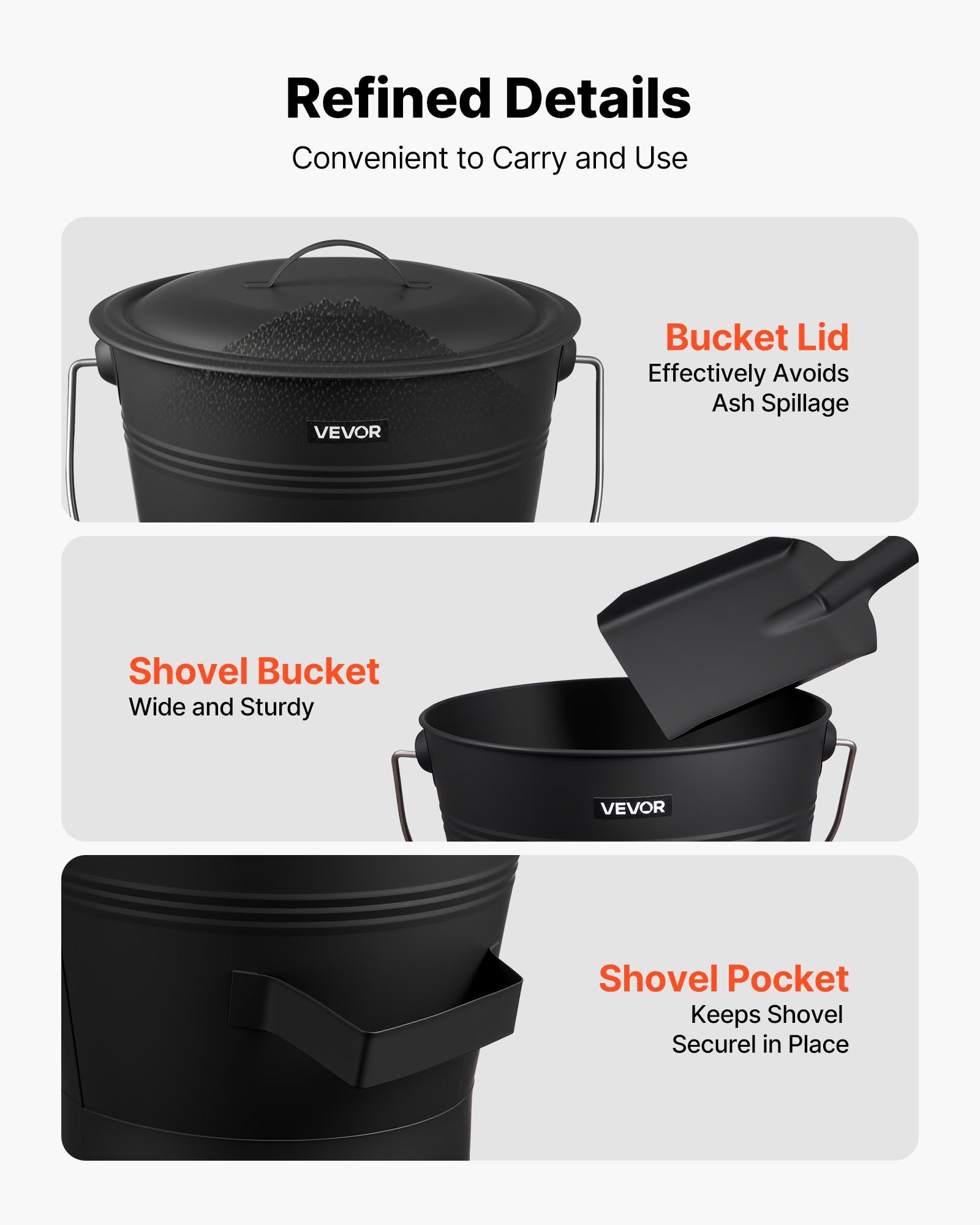 Ash Bucket, 4 PCS with Lid, Shovel, Broom and Gloves, Metal Fireplace Charcoal Bucket and Ash Can, 9.8L Large Capacity for Fireplace, Fire Pits, Wood Burning Stoves, Indoor and Outdoor - Image 5