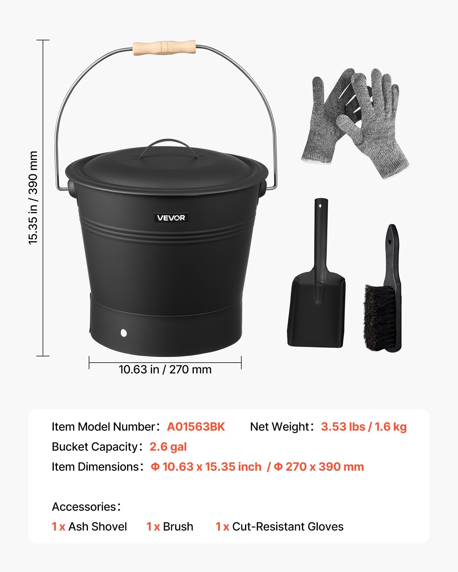 Ash Bucket, 4 PCS with Lid, Shovel, Broom and Gloves, Metal Fireplace Charcoal Bucket and Ash Can, 9.8L Large Capacity for Fireplace, Fire Pits, Wood Burning Stoves, Indoor and Outdoor - Image 7