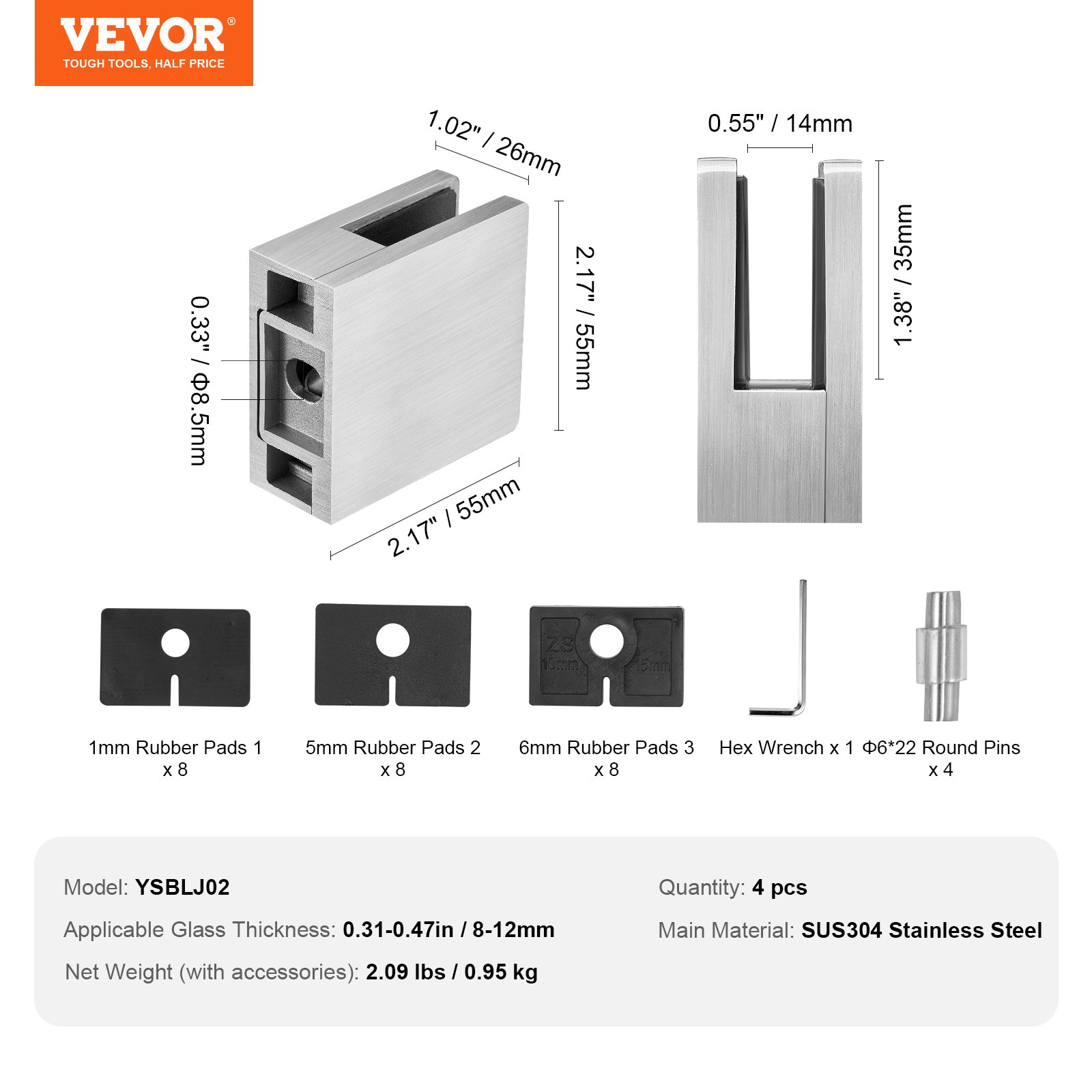 Glass Clamp, 4 PCS Square Glass Railing Bracket for 0.31 