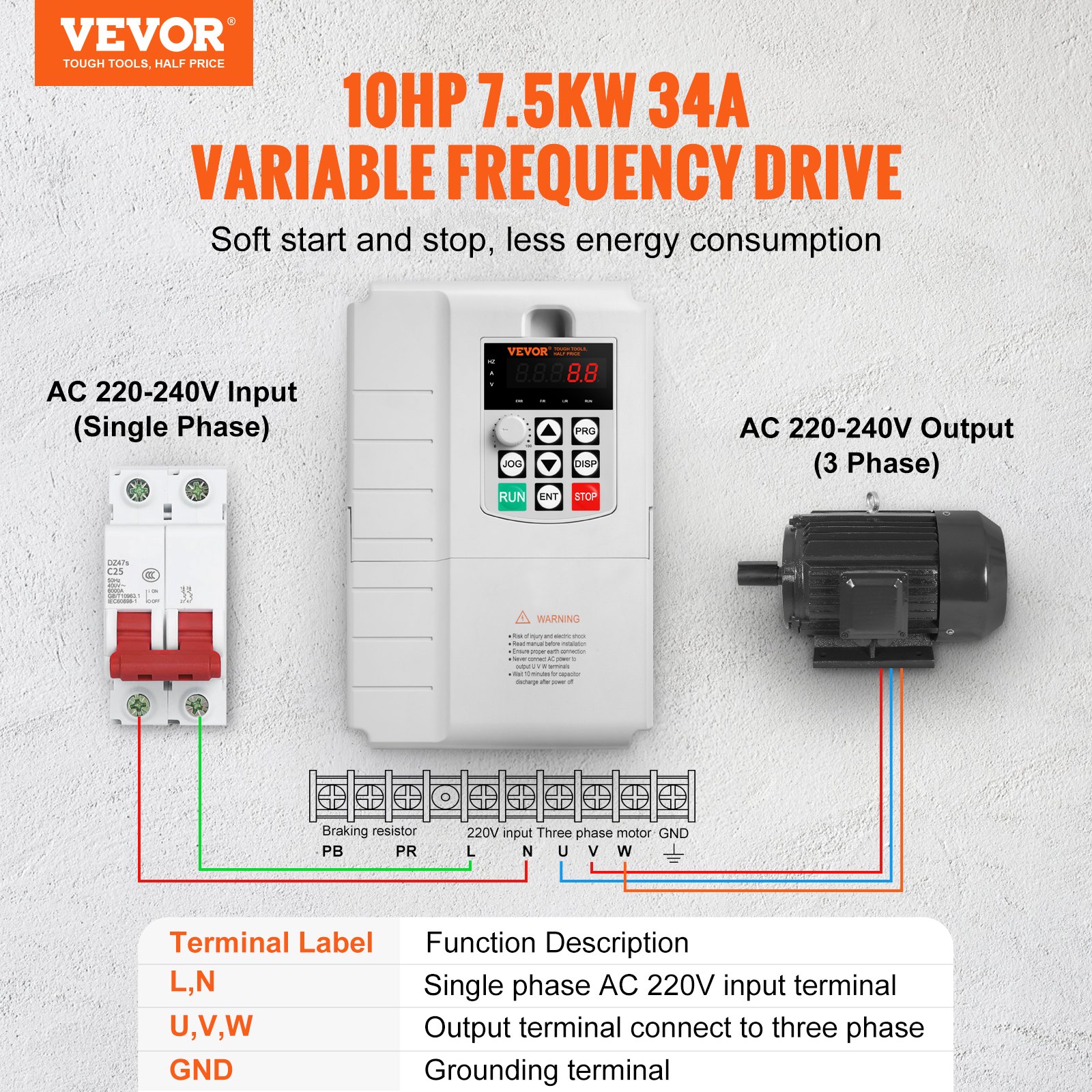 VFD 10HP, 7.5KW, 34A, 1 Phase 220V-240V Input to 3 Phase 220V-240V Output Variable Frequency Drive, 0-400Hz VFD for AC Motor Speed Control - Image 2