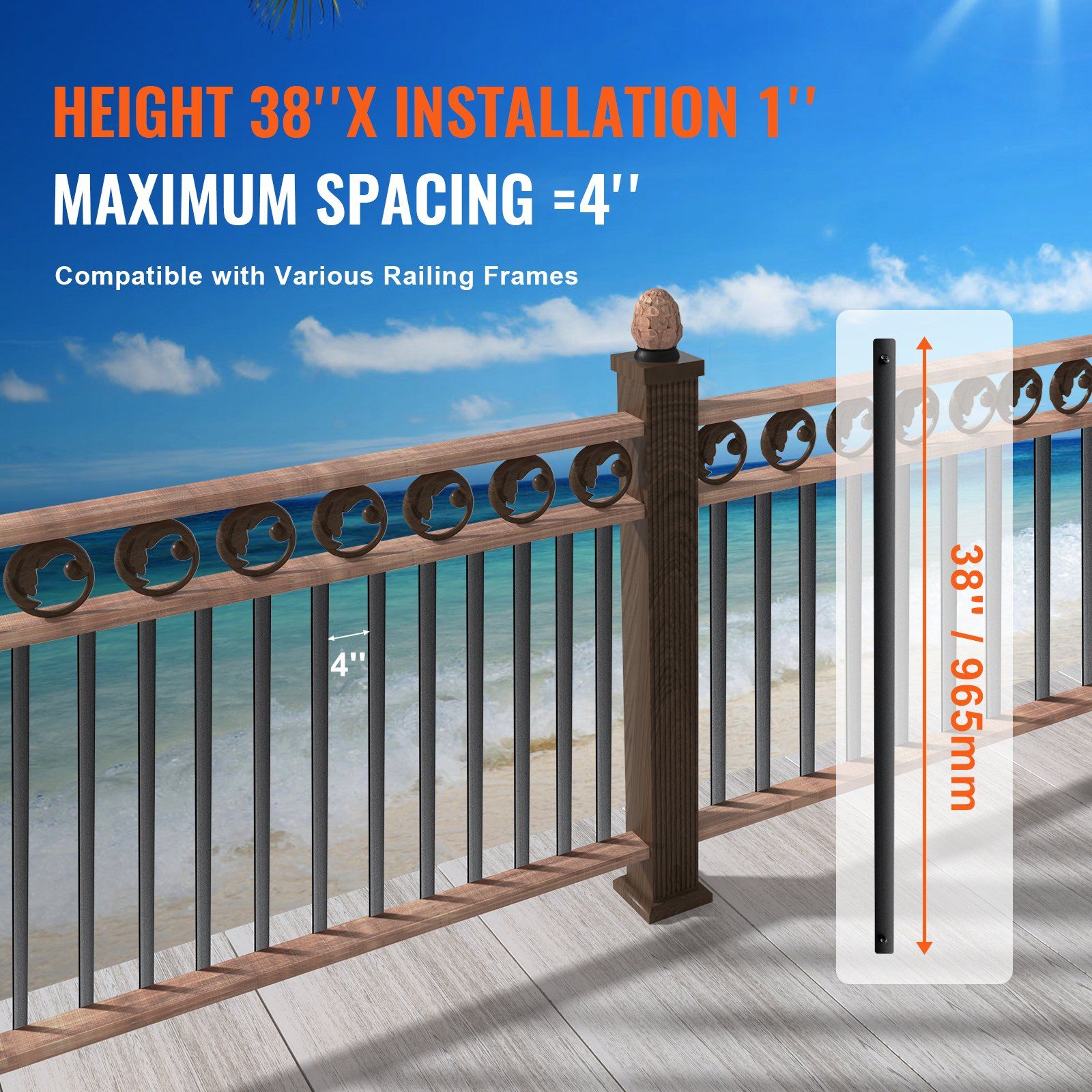 Staircase Metal Balusters, 38'' x 1'' Flat Aluminum Alloy Decorative Banister Spindles, 72 Pack Deck Baluster with Screws, Classic Hollow Deck Railing Satin Black Powder Coated for Porch - Image 3