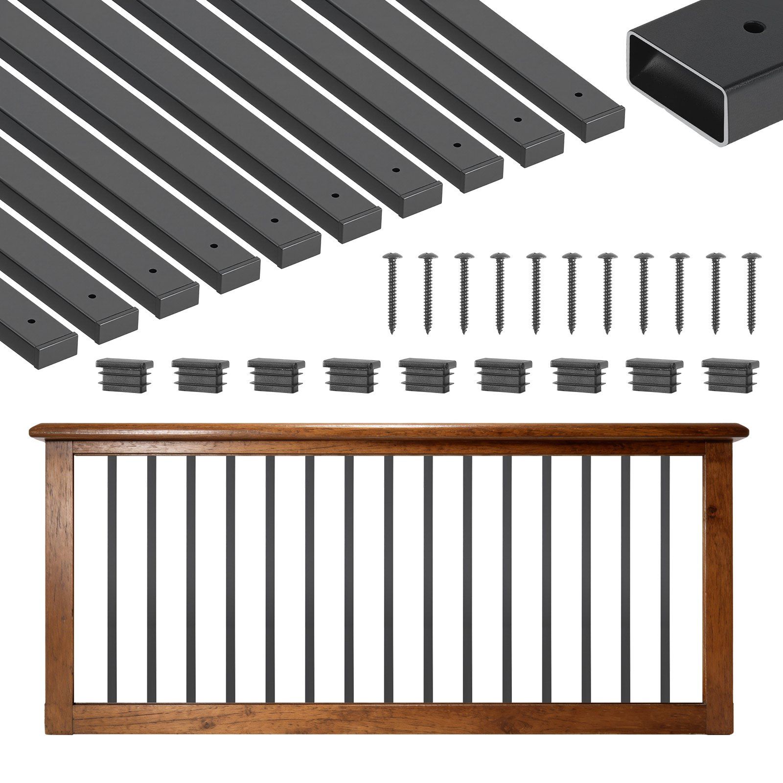 61 Pack Deck Balusters, 82 cm Galvanized Steel Railing Spindles, Hollow Rectangle Metal Decking Stair Balusters with Pre-Drilled Hole, End Caps, Screws, for Deck, Porch & Stair Railing, Black - Image 1