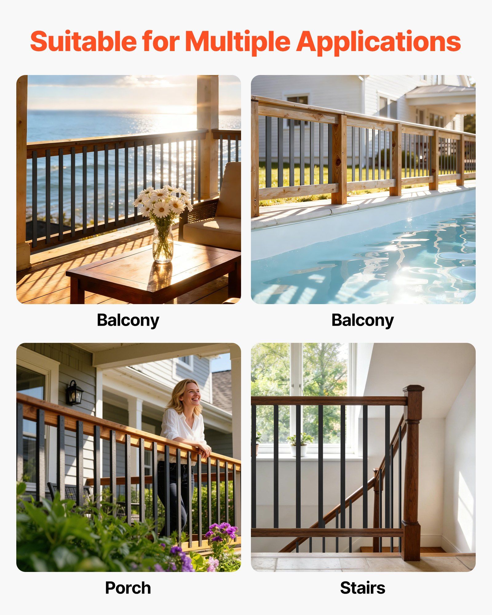 61 Pack Deck Balusters, 82 cm Galvanized Steel Railing Spindles, Hollow Rectangle Metal Decking Stair Balusters with Pre-Drilled Hole, End Caps, Screws, for Deck, Porch & Stair Railing, Black - Image 6